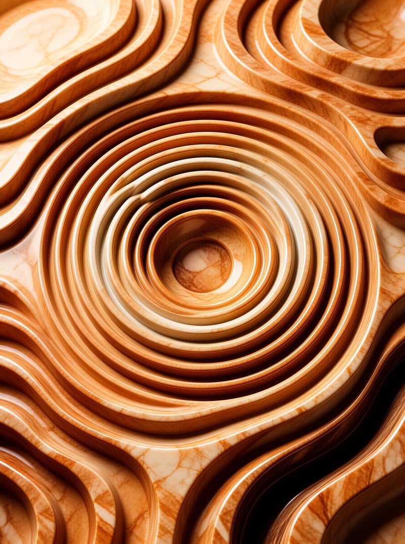 Sculpted swirled layered forms in warm terracotta and pale marble veining curve into a central hollow with soft warm light