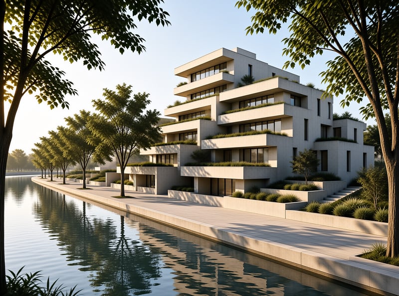 White geometric building with planted terraces beside a calm river reflecting trees during golden hour.