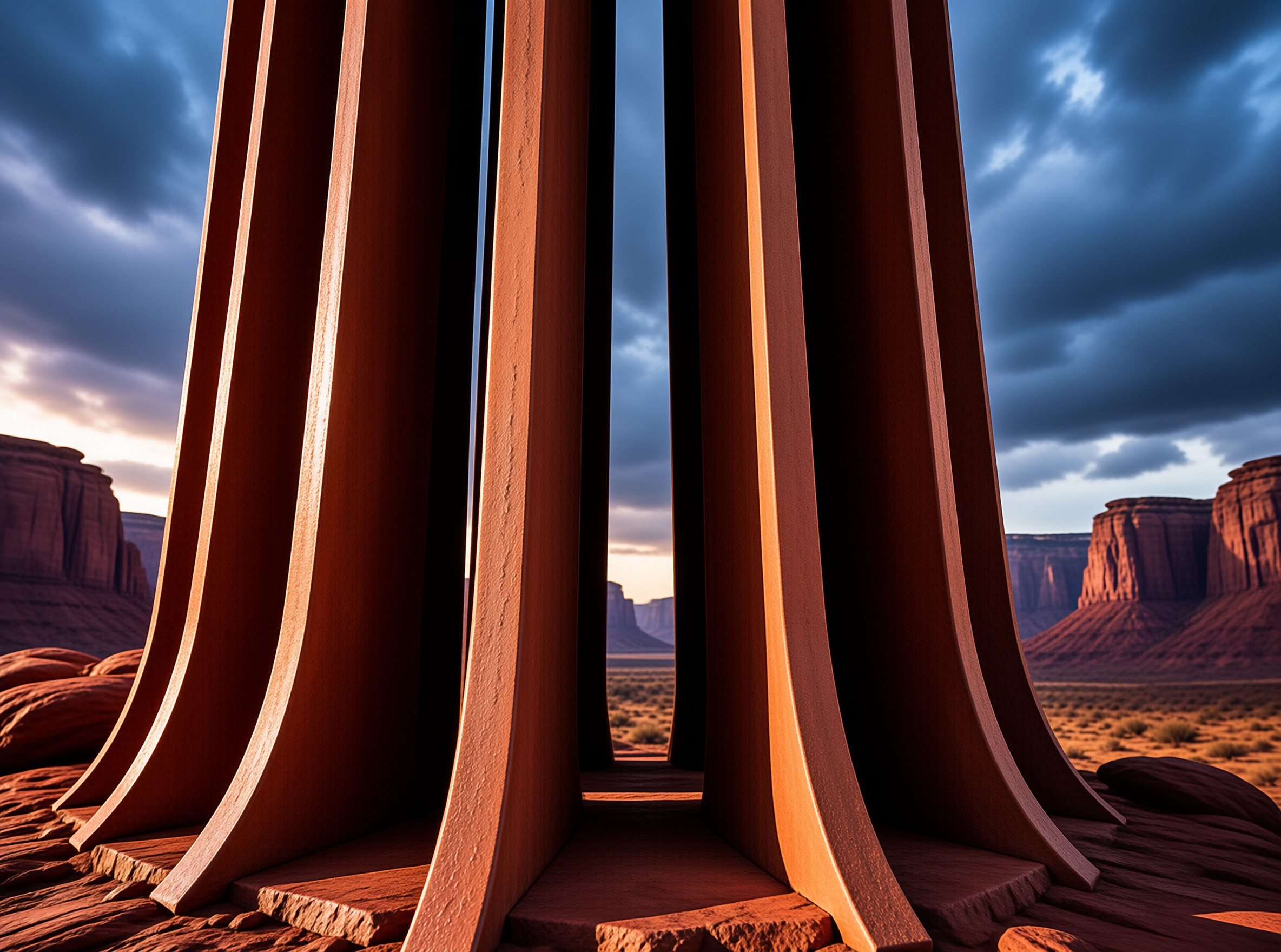 Smooth rust-colored monolith columns curve upward from weathered red rock out toward distant mesas under a brooding sky