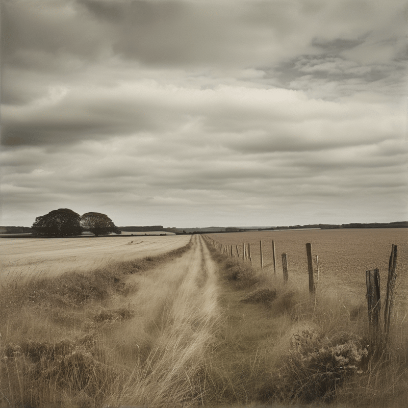 A worn dirt lane recedes toward the horizon between harvested fields beneath a heavy overcast sky in sepia tones