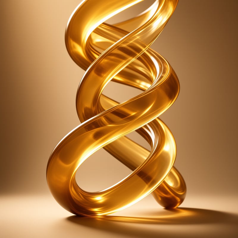A glossy amber ribbon twists into a tall spiral form, resting on a smooth surface with warm light casting shadows.