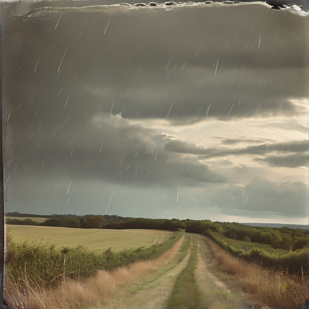 A muddy path curves through grassy fields while heavy rain falls against a backdrop of dark storm clouds.