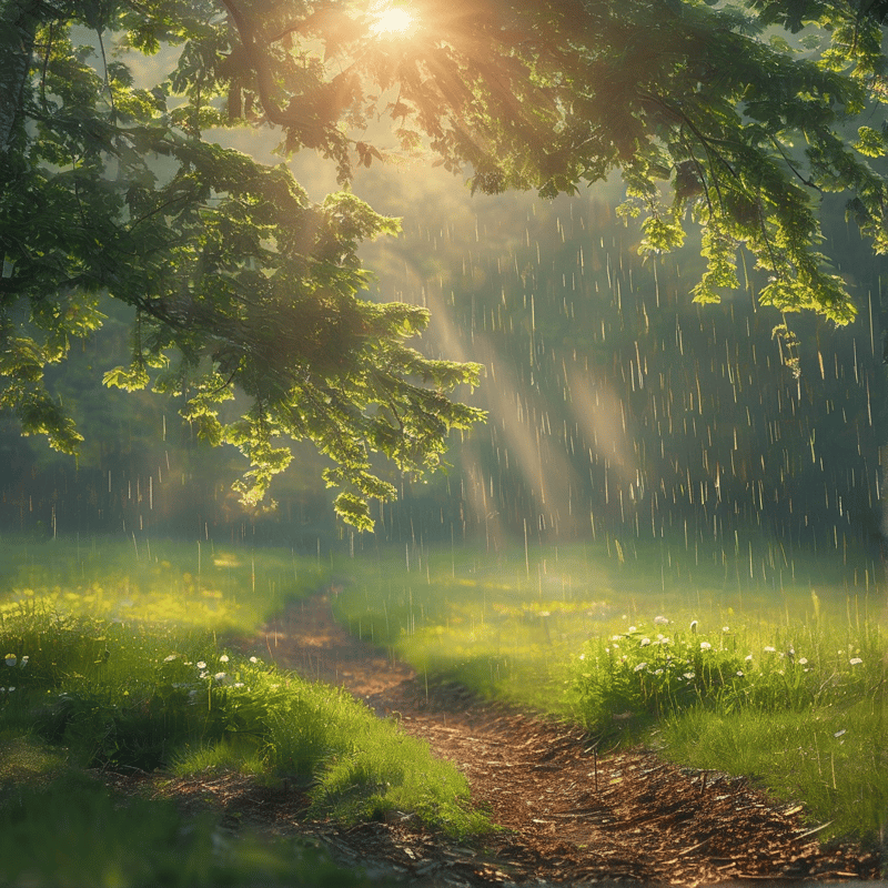 Golden rays filter through foliage above a muddy trail as vertical rain streaks fall across the green grass.