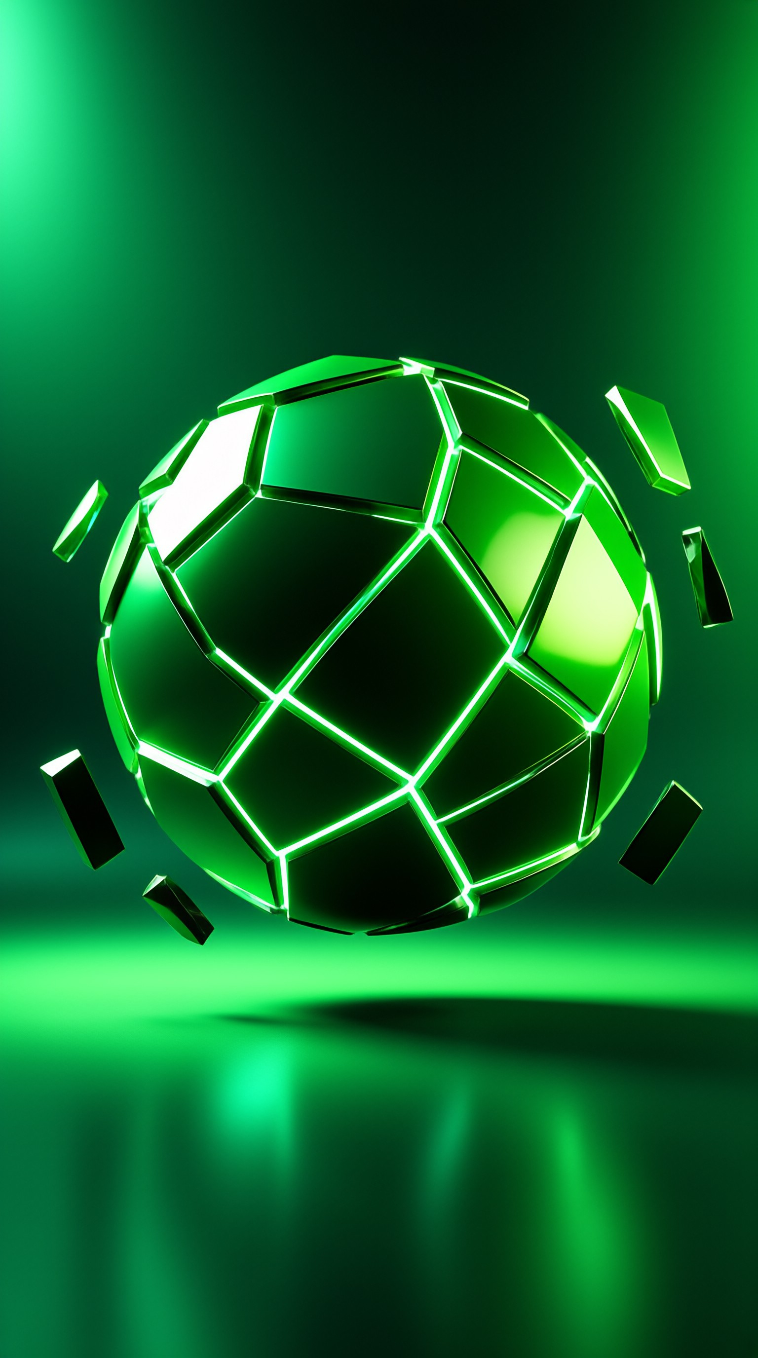 A glossy emerald orb built from glowing polygonal panels floats above a mirrored surface with drifting green shards