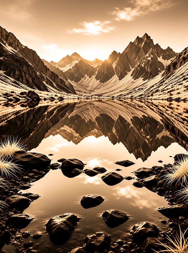 Rugged mountain summits mirror perfectly in a calm glacial lake beneath a soft sepia sky.