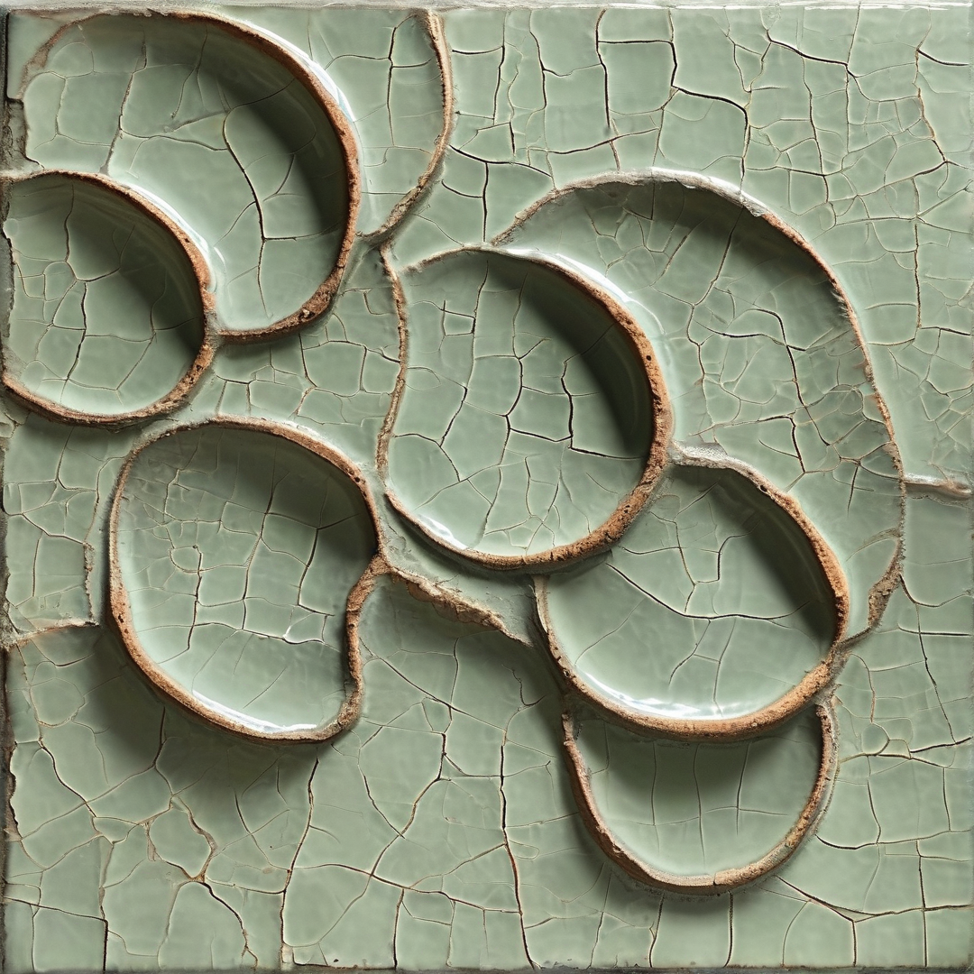 A pale green ceramic tile with a crackled glaze displays raised organic lobes with brownish exposed clay edges.