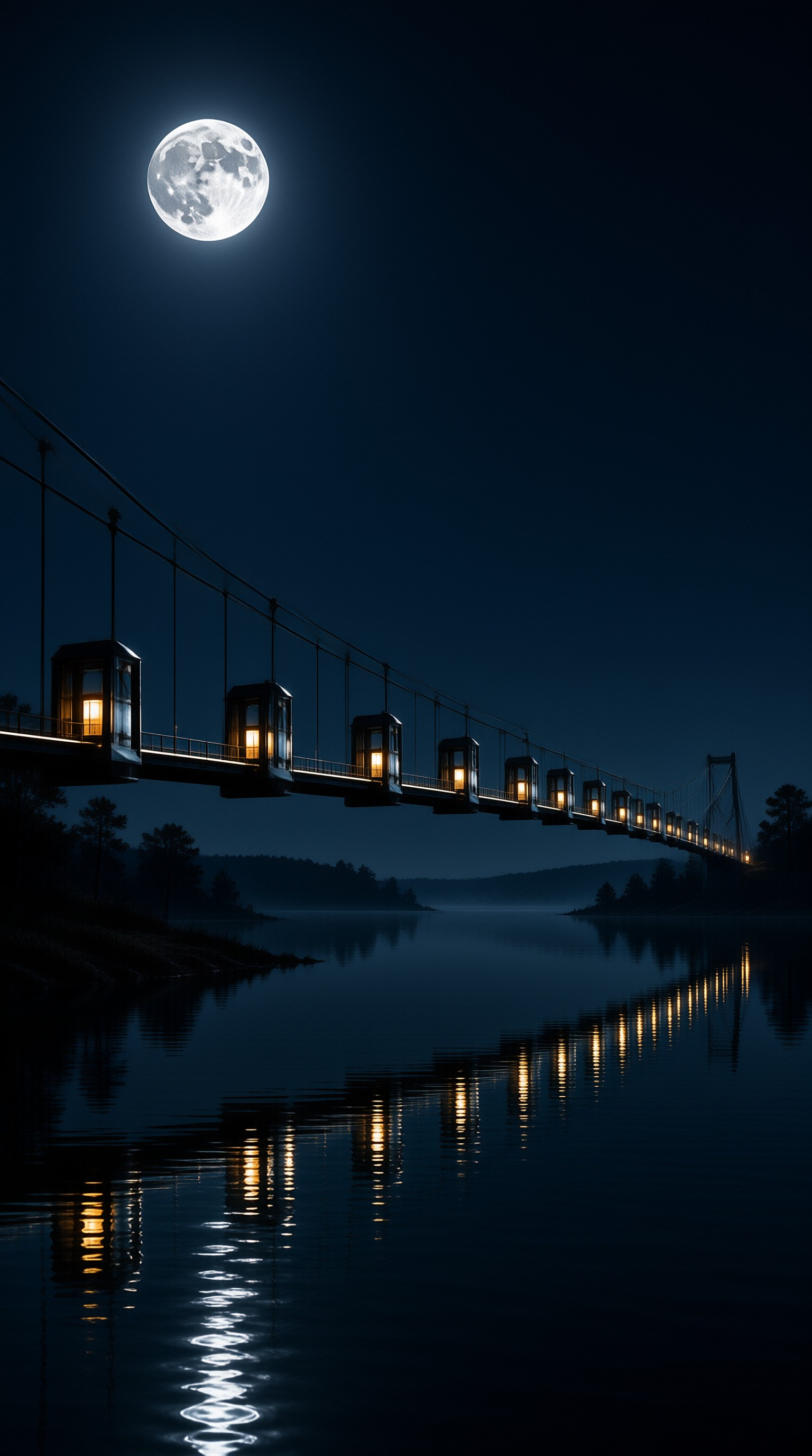 A suspension bridge carries lit cabins across calm water beneath a bright full moon in the night sky.