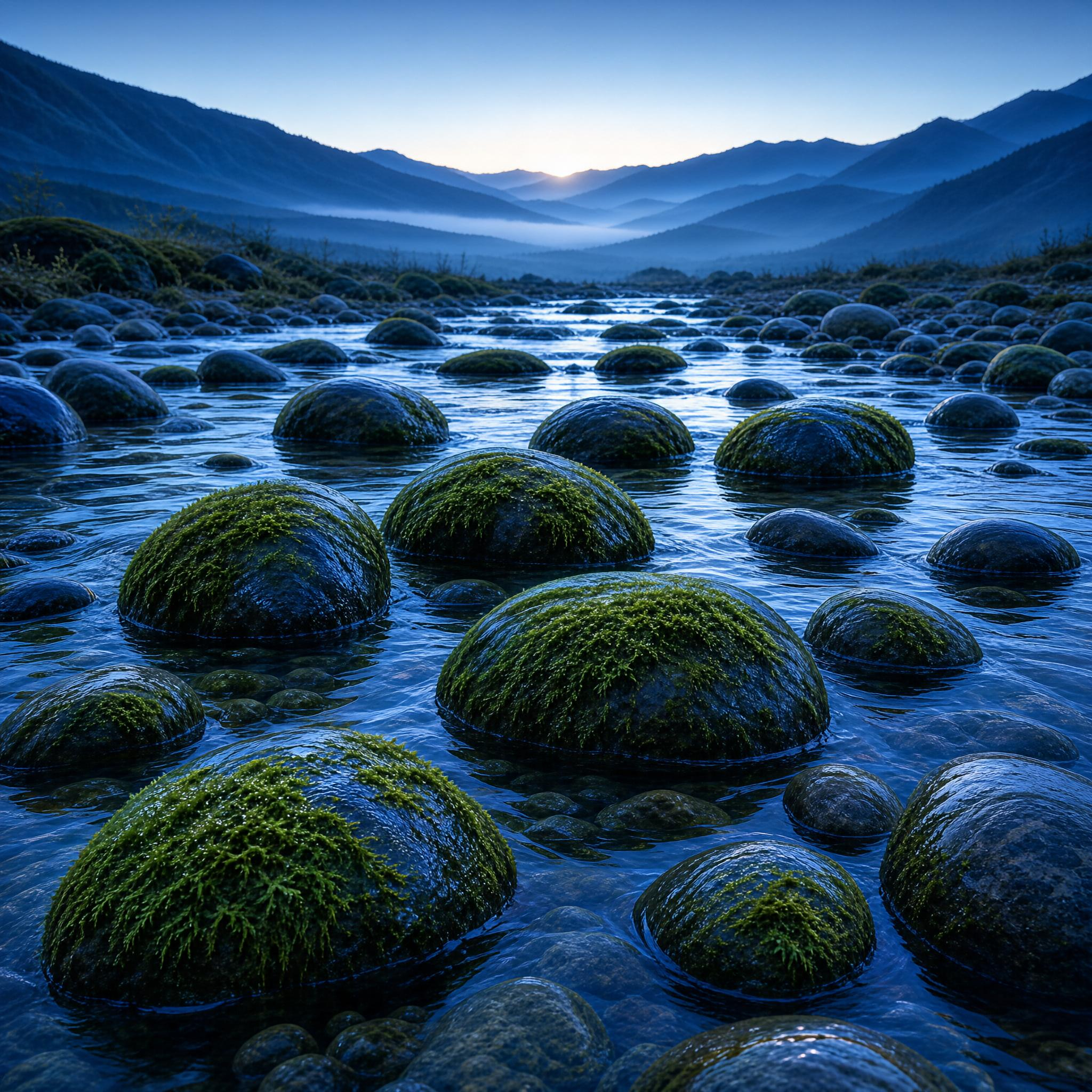 River with Moss-Covered Boulders and Mountains