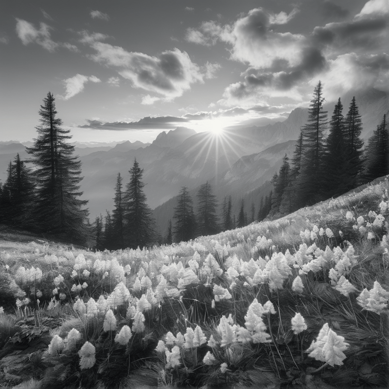 Tall wildflowers populate a meadow as bright sunbeams shine over a distant range of pine trees in a high contrast landscape.