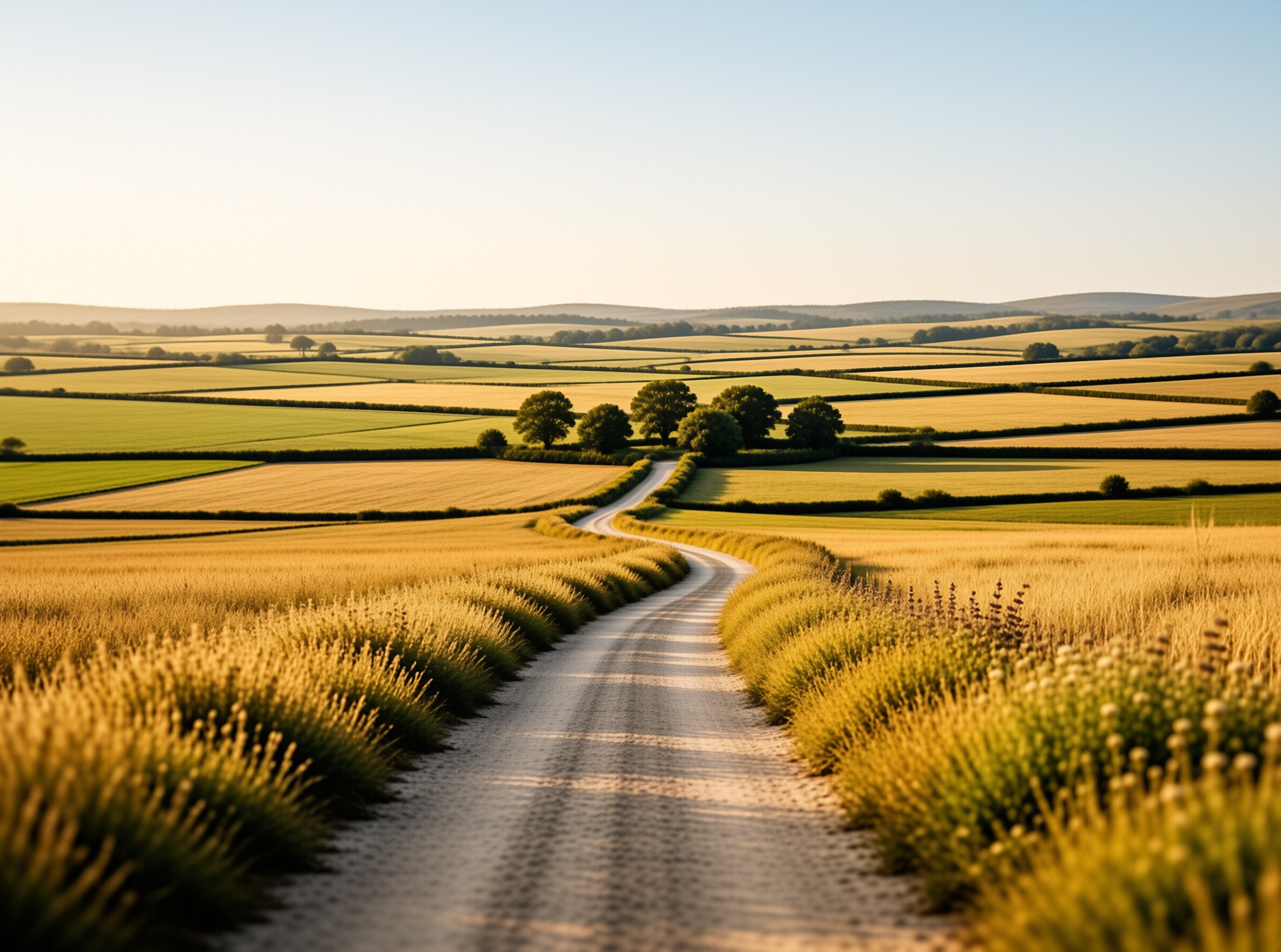 A winding gravel road meanders through golden patchwork fields under soft sunlight, with rolling hills in the distance.