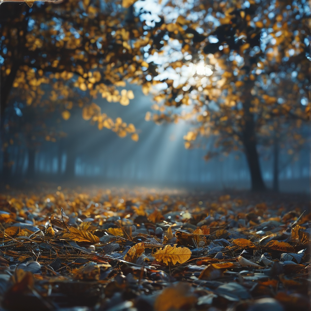 Sunlight streams through a misty autumn forest illuminating fallen leaves covering the ground in warm golden tones.