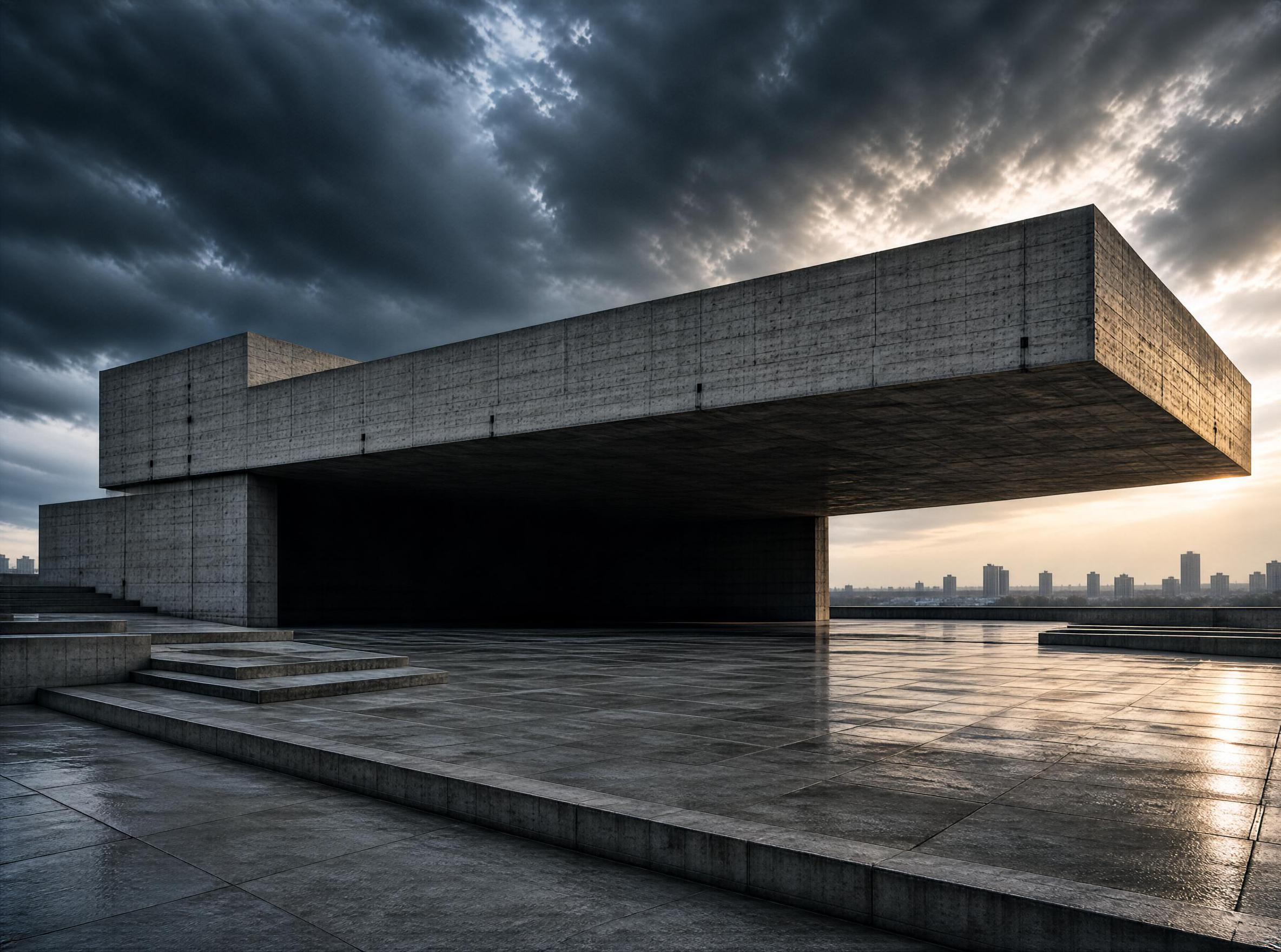 Modern Concrete Structure Under Stormy Sky
