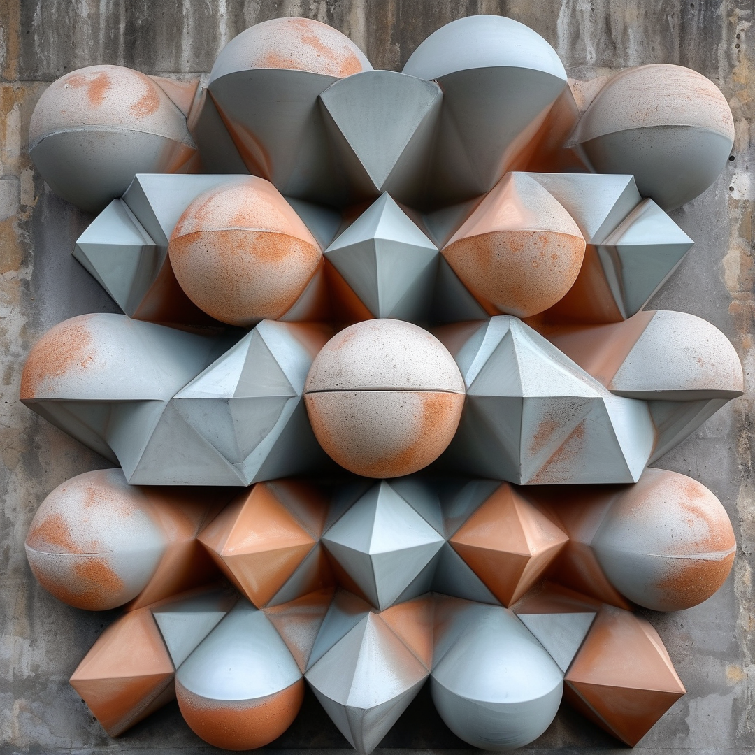 A cluster of white and orange geometric spheres and faceted stones arranged on a rough concrete surface.