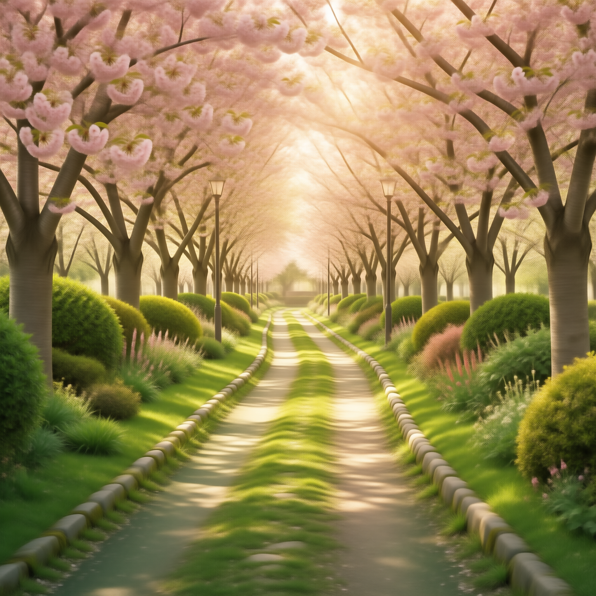 Sunlit Cherry Blossom Path