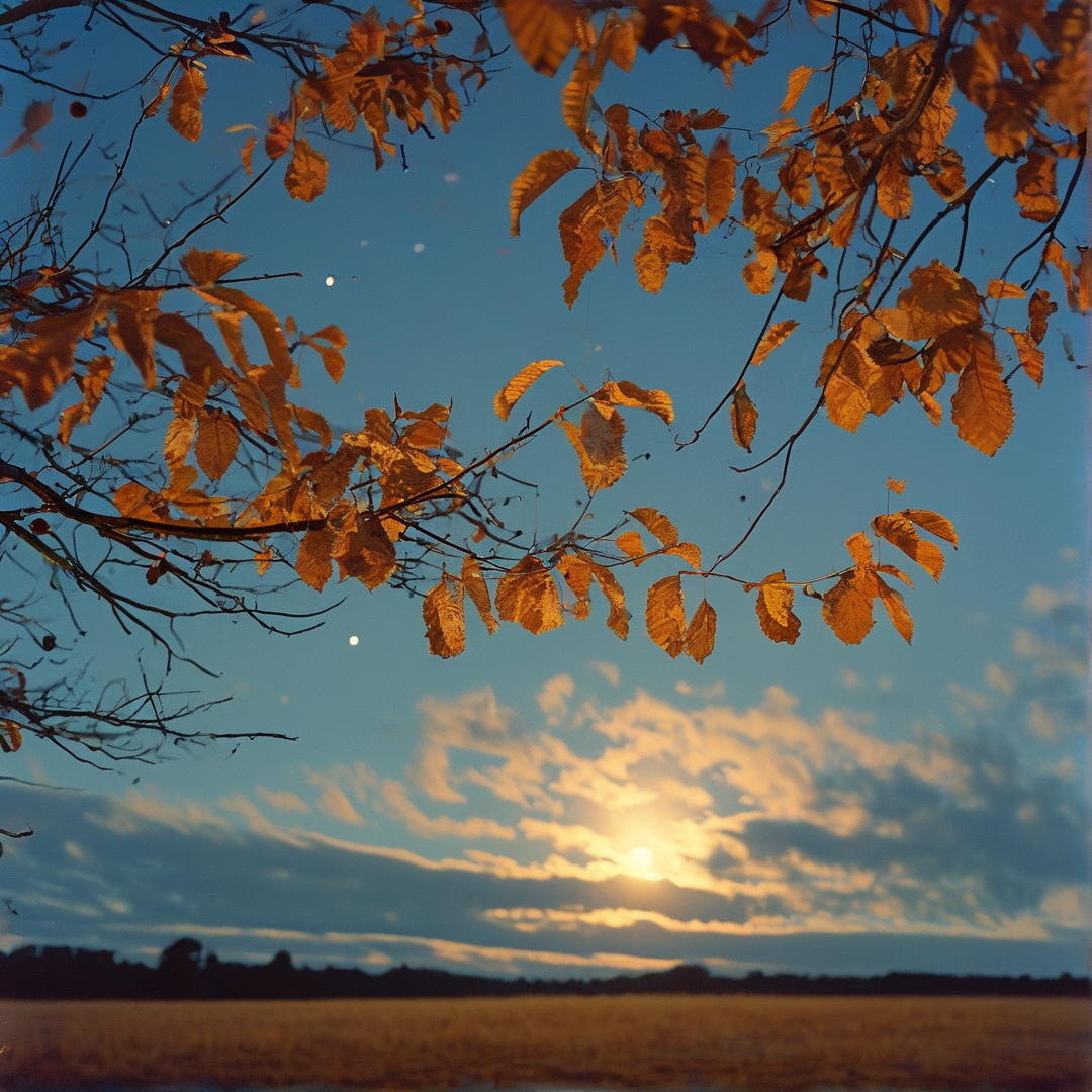 Orange autumn leaves hang from branches against a blue sky with a glowing sun breaking through clouds above a dark horizon.