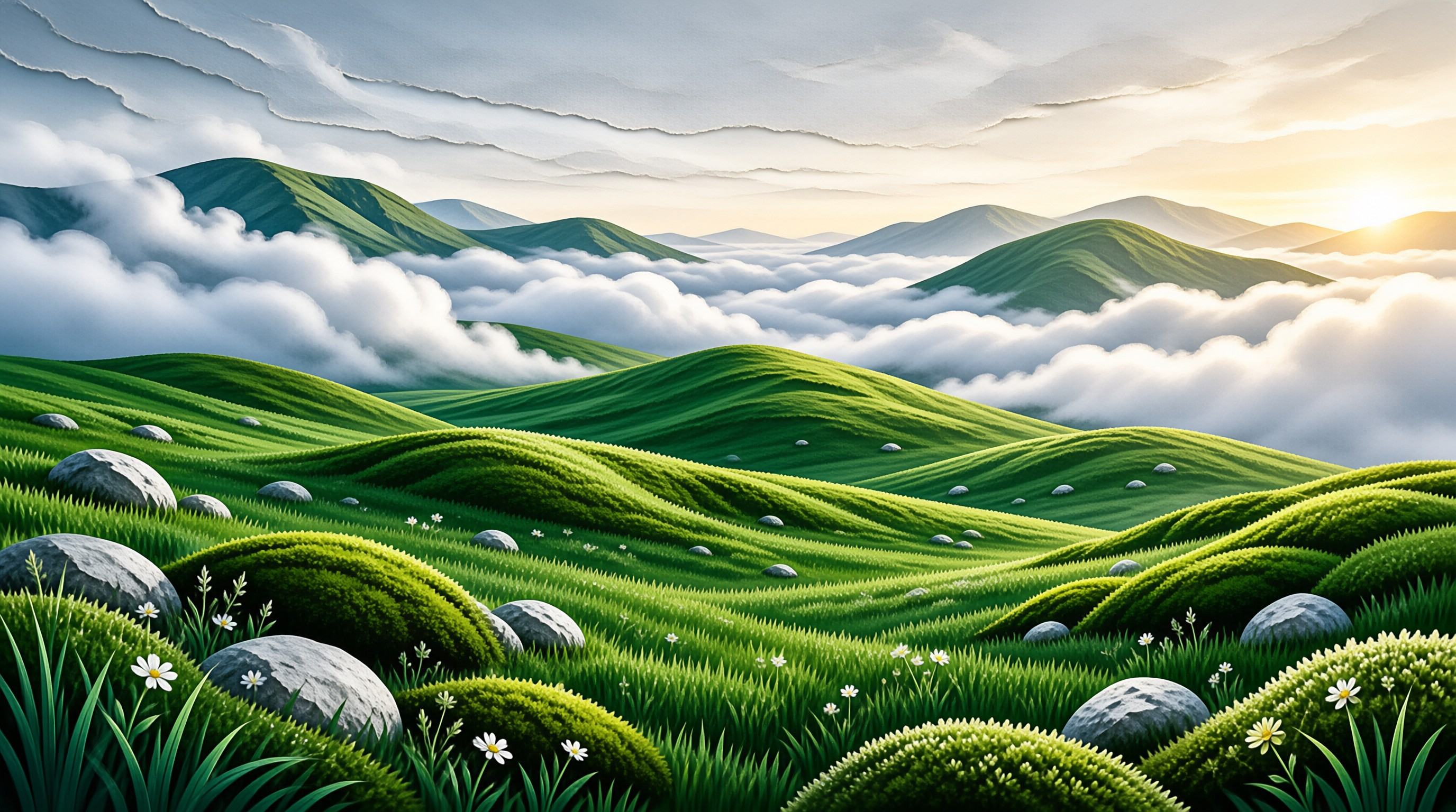 Rolling green mountains covered in grass and scattered rocks sit below a sky filled with low clouds and warm golden light.