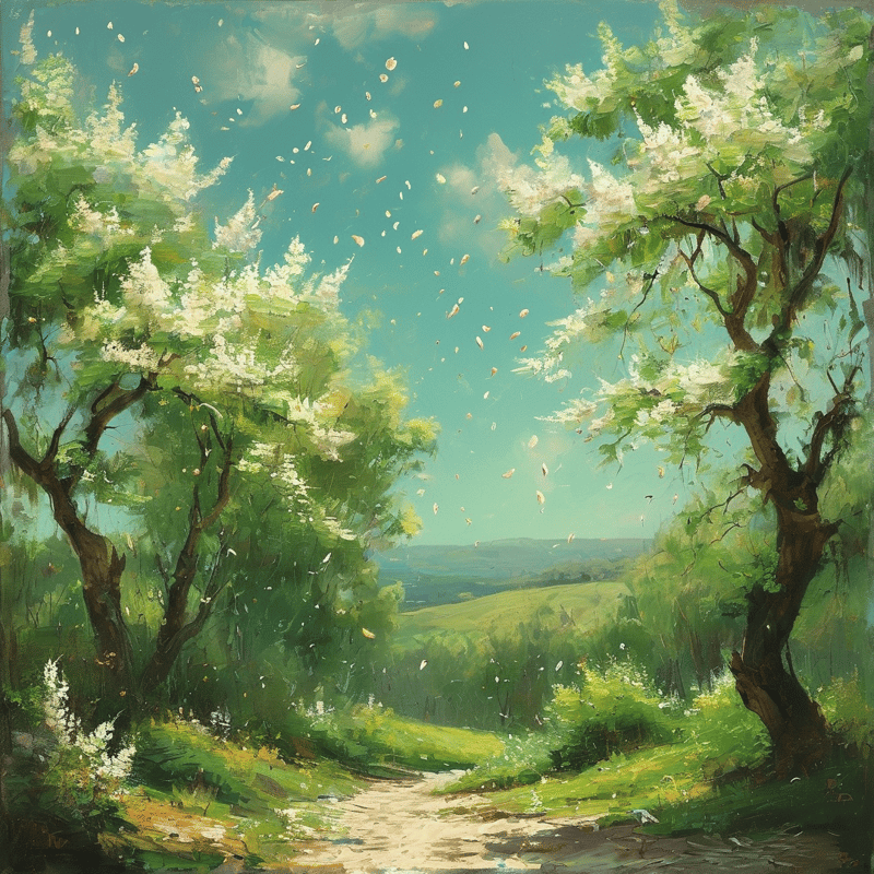 Two large trees with white flowers frame a dirt path leading toward green hills under a blue sky with floating petals.