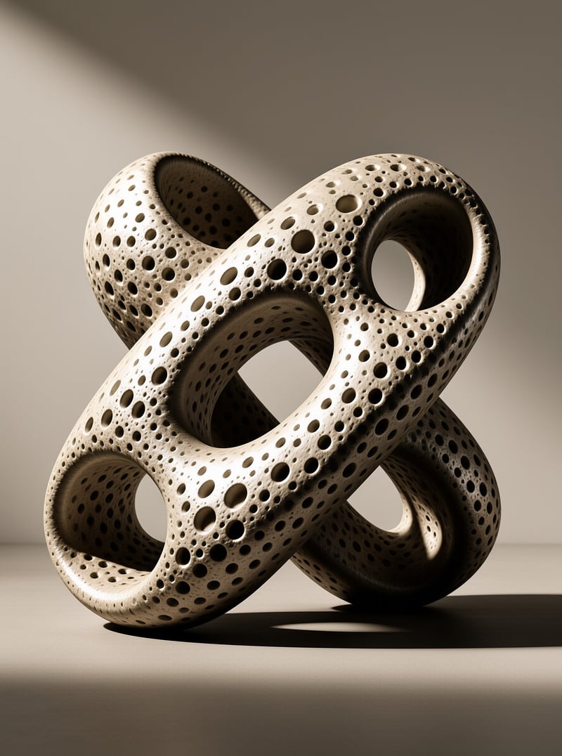 A beige porous abstract sculpture with intricate holes rests on a smooth surface under warm directional lighting.
