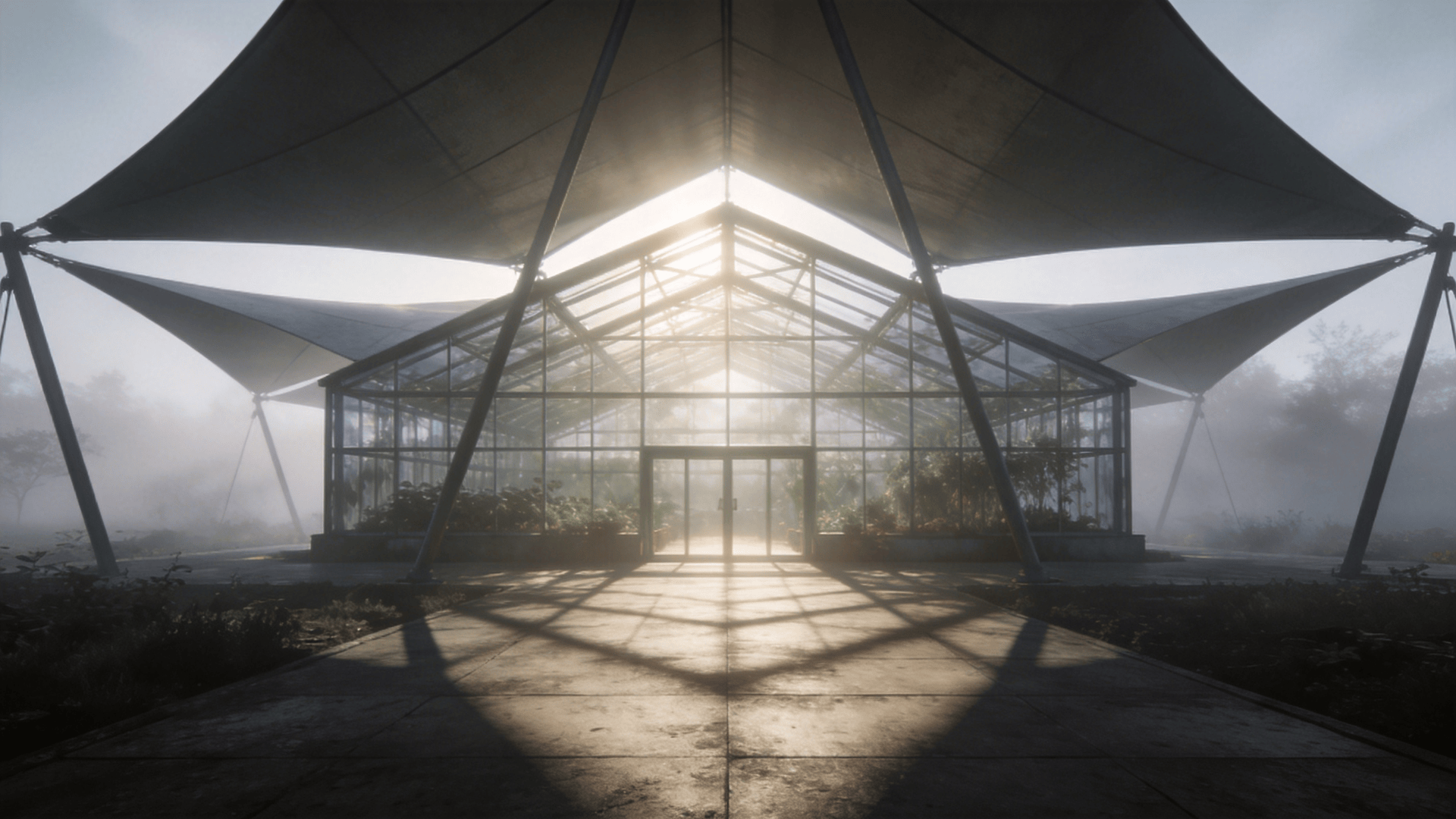 Greenhouse with Tensile Structure — Foggy Morning