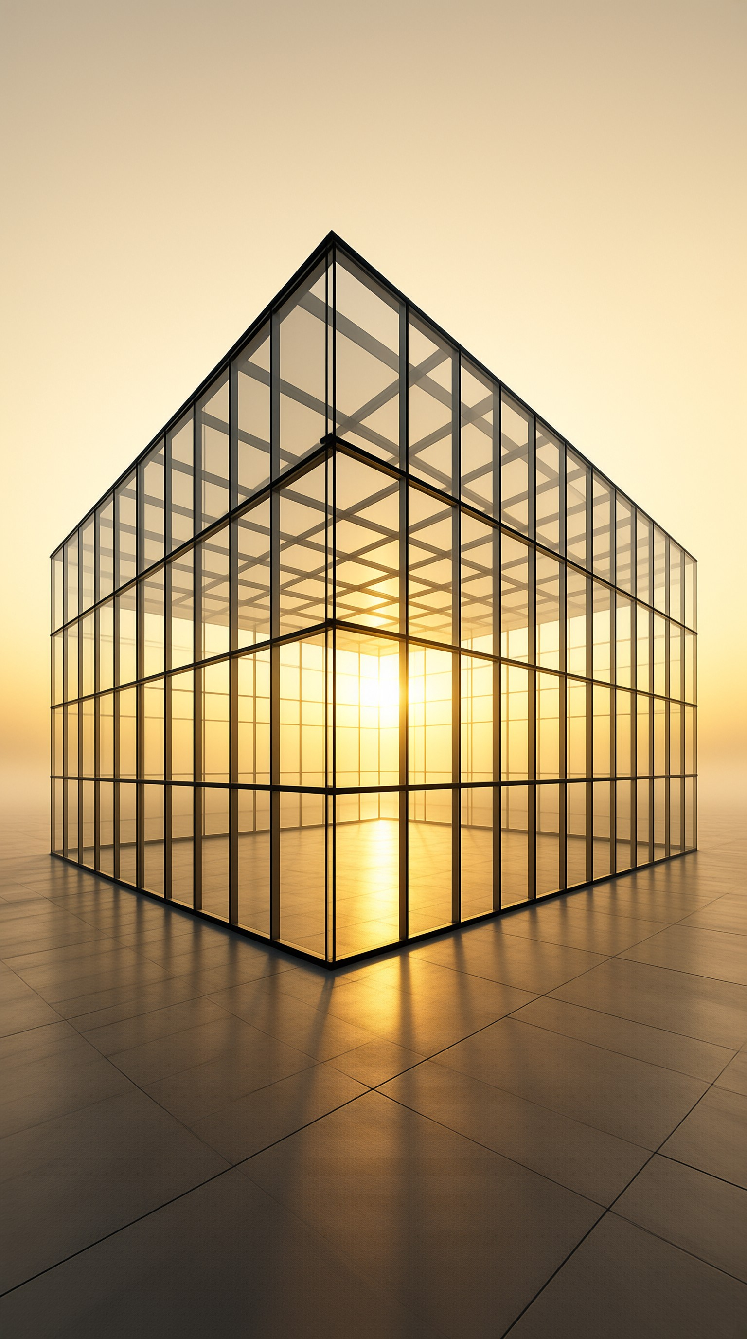 A geometric glass structure stands on a tiled surface while bright yellow light radiates from its center.