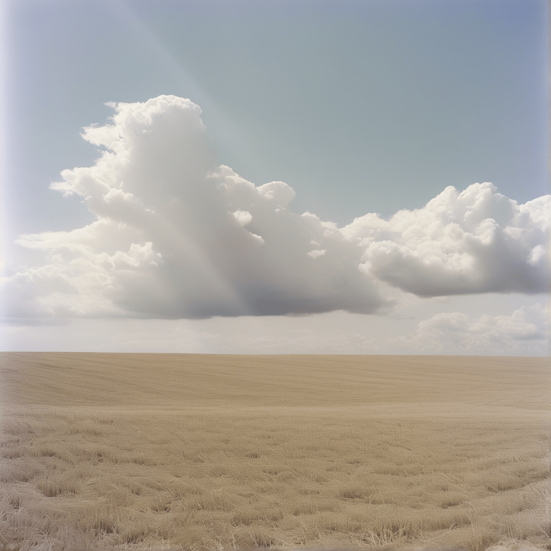 A single billowing cloud floats above an endless field of golden wheat stubble in soft pastel light.