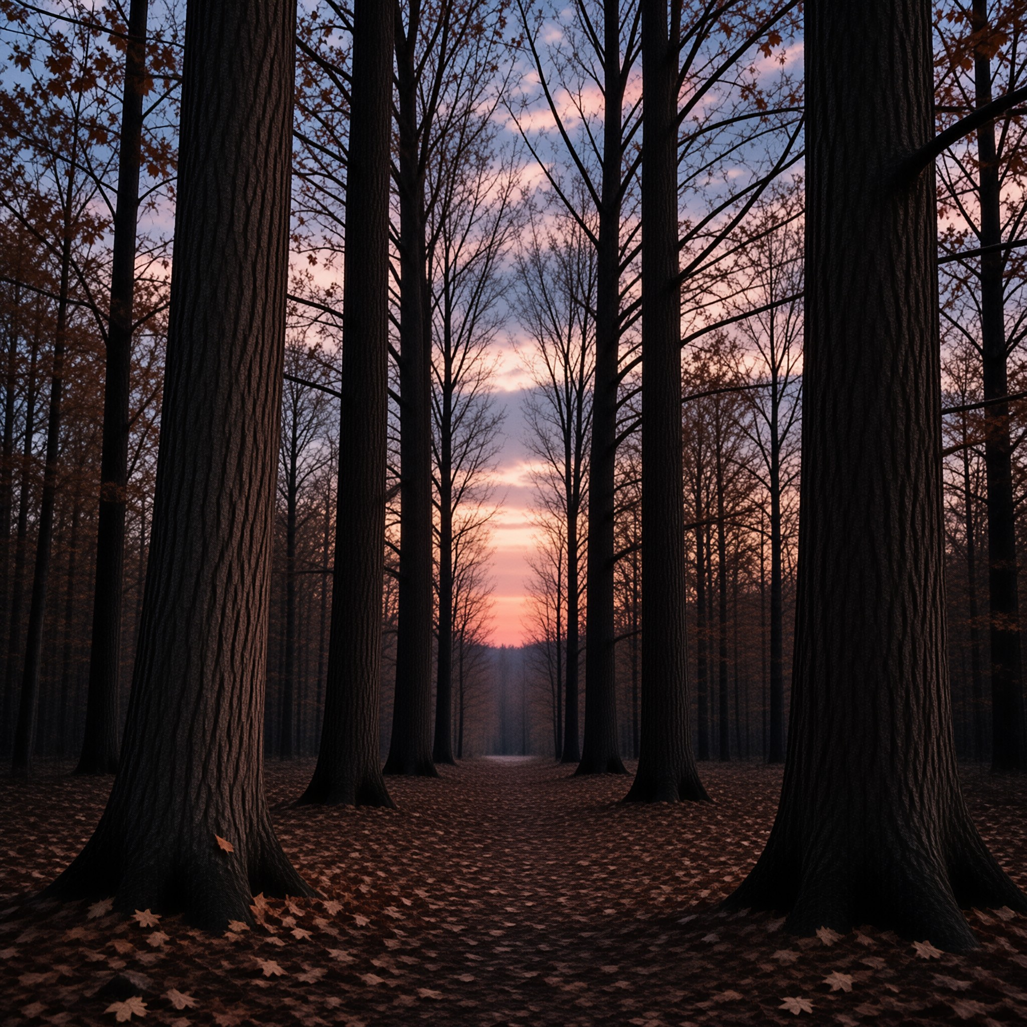 Tall dark trees line a leaf-covered path leading towards a glowing pink and blue horizon at twilight.