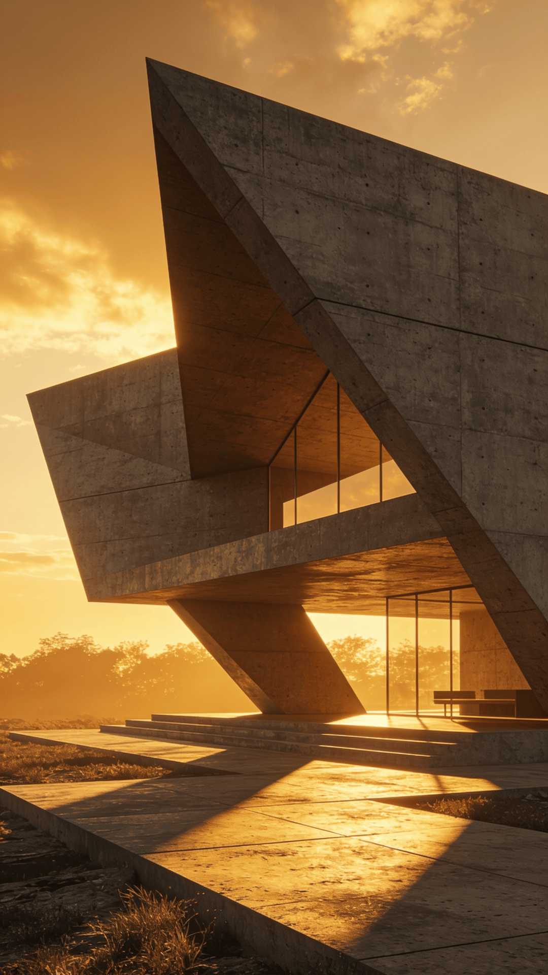 Pavilion with Brutalist Massing — Golden Sunset