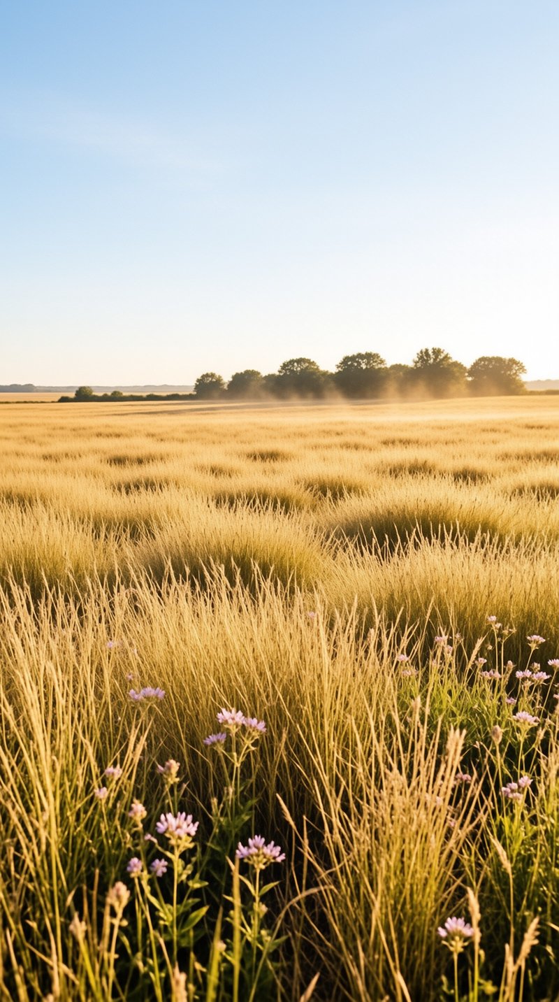 Tall amber grain sways across an open field while clusters of pale purple wildflowers bloom in the warm evening light.