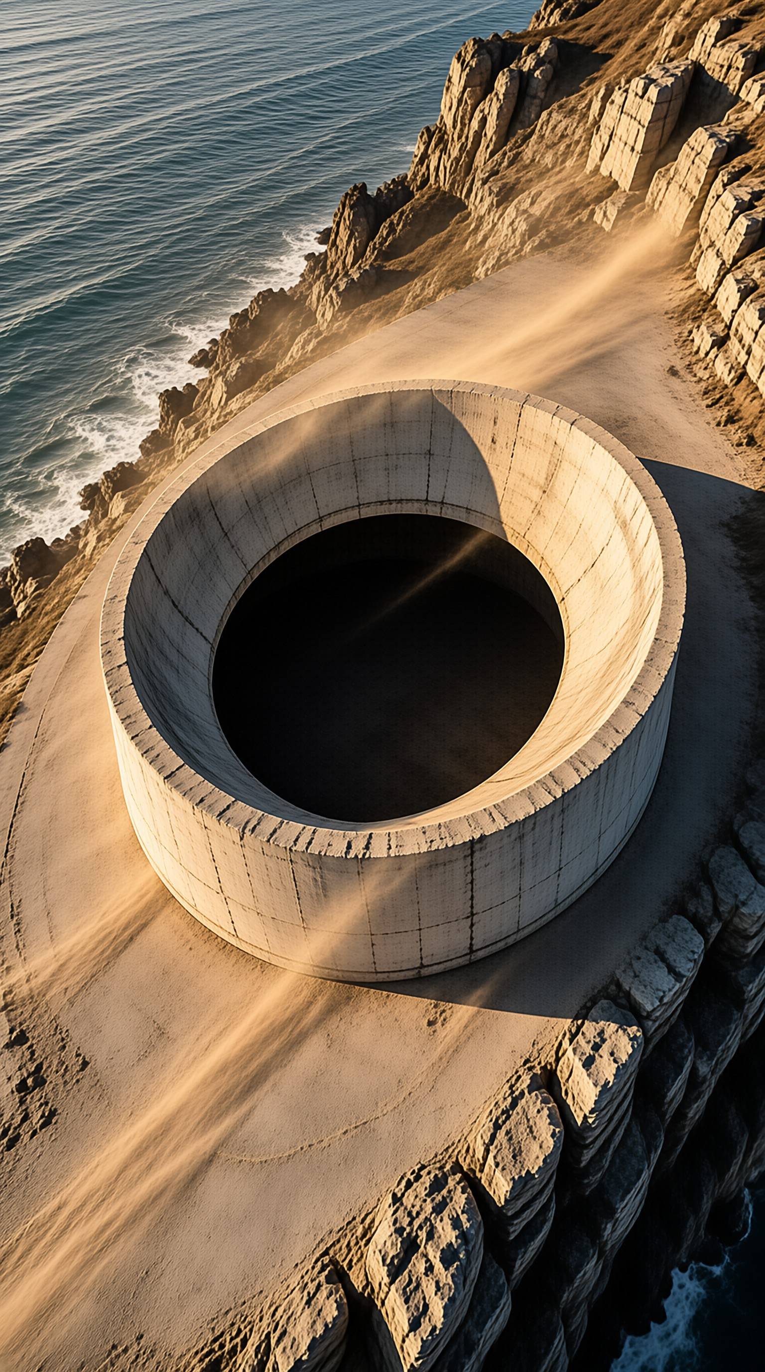 A monumental circular concrete structure sits on sand above a rocky shore as wind sweeps dust across its rim.