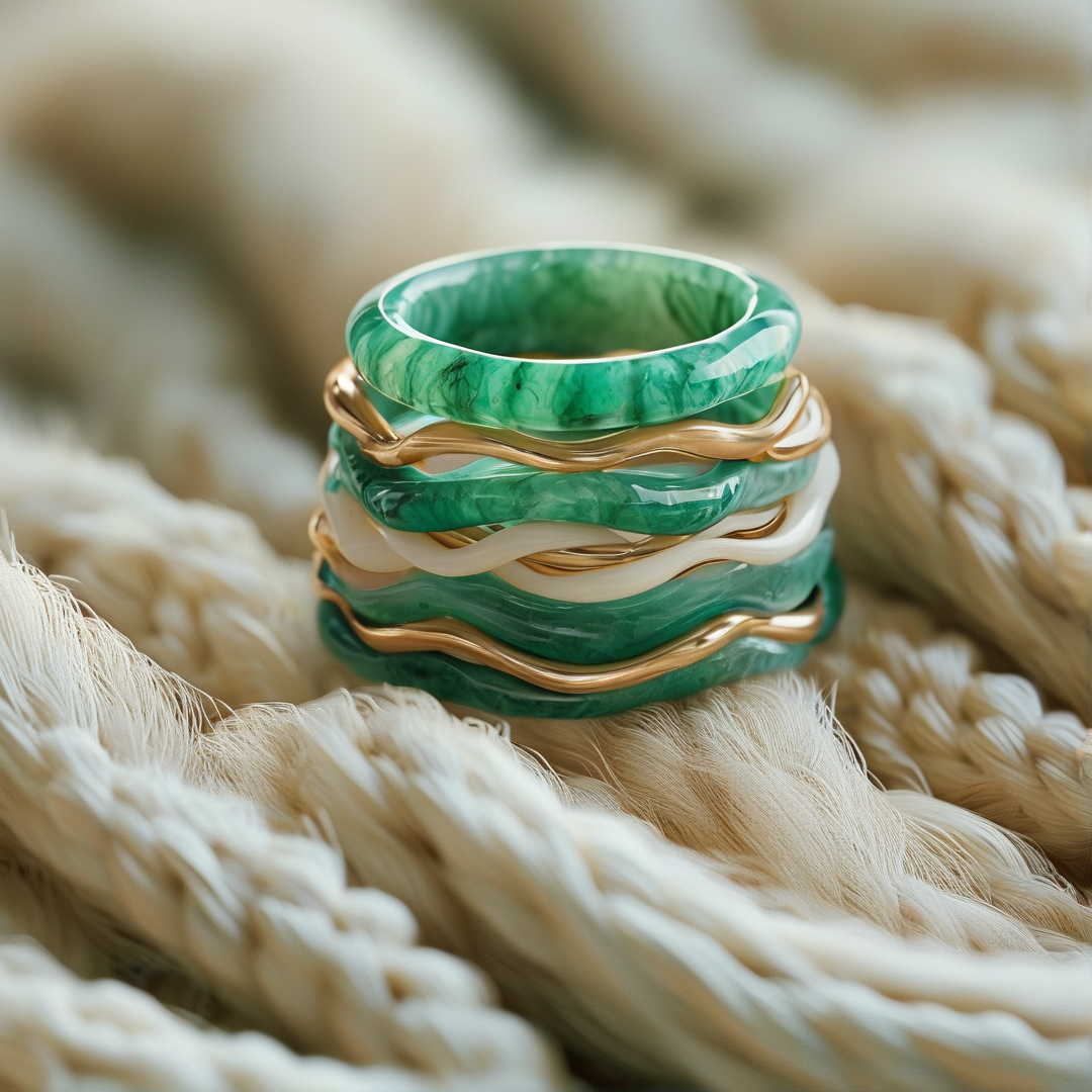 Green marbled bangles interlaced with gold bands resting on a pile of cream colored yarn.