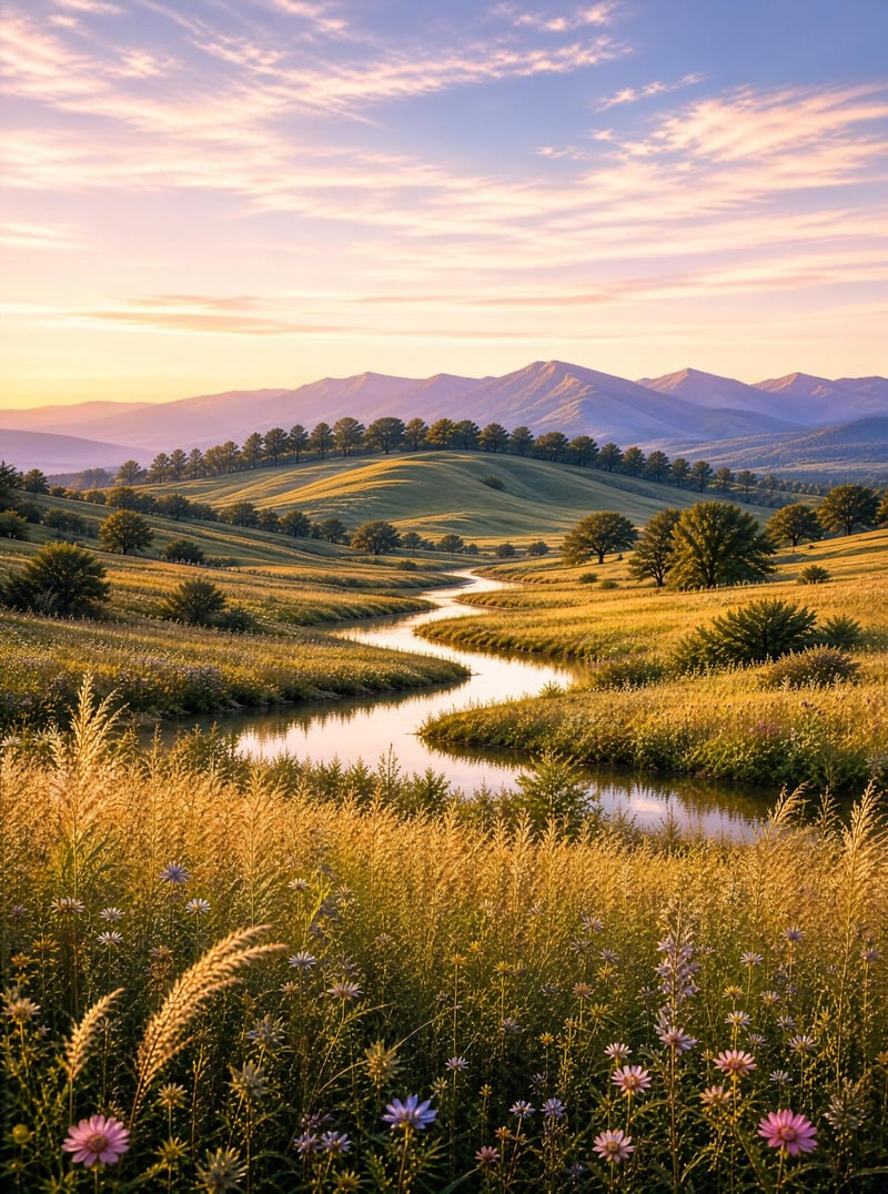Sunset Over Rolling Hills and River