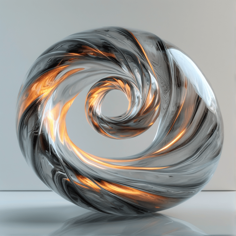 Glossy spiral sculpture of transparent glass threaded with molten orange copper, resting on a reflective surface