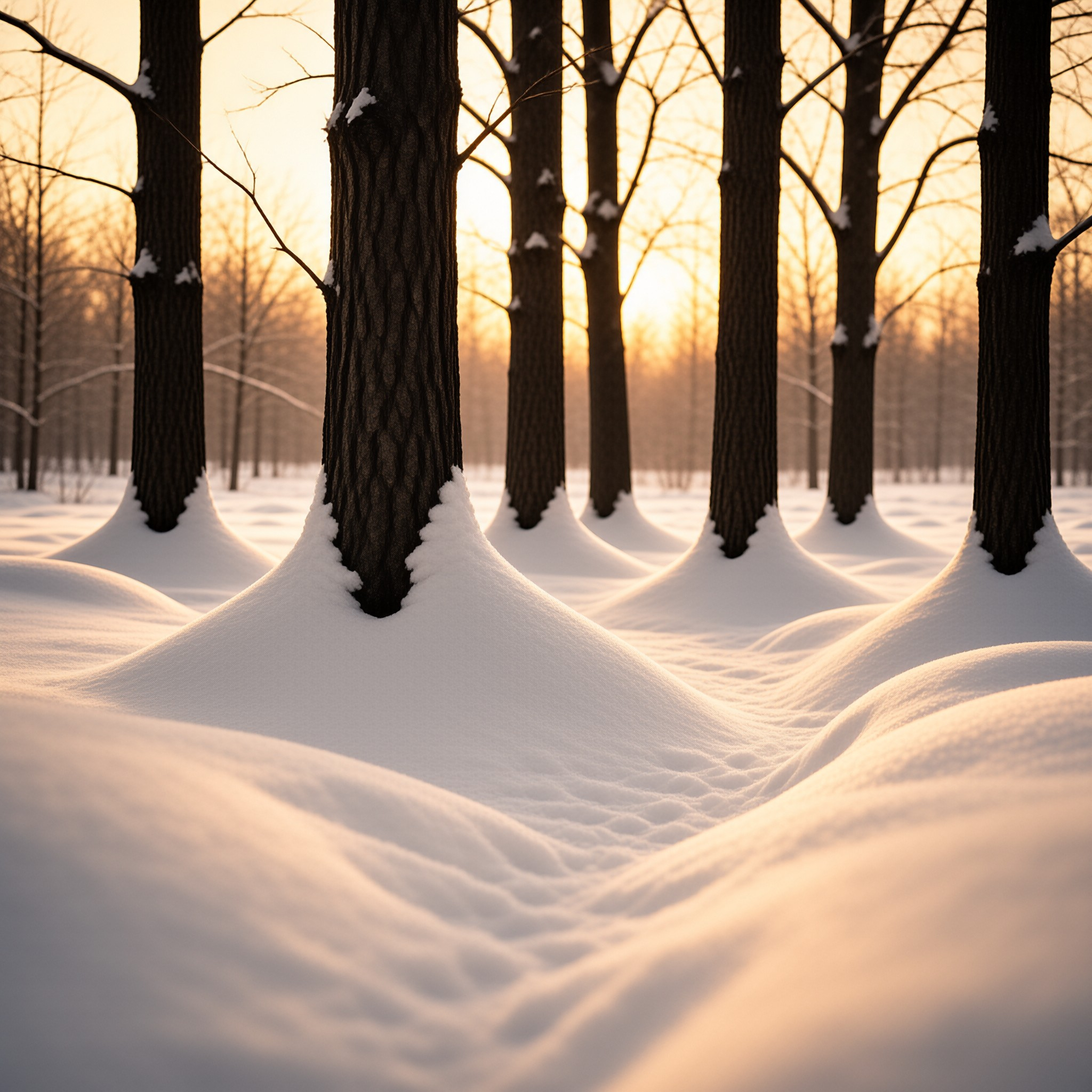 Tall dark tree trunks stand in a snowy forest bathed in warm golden light.