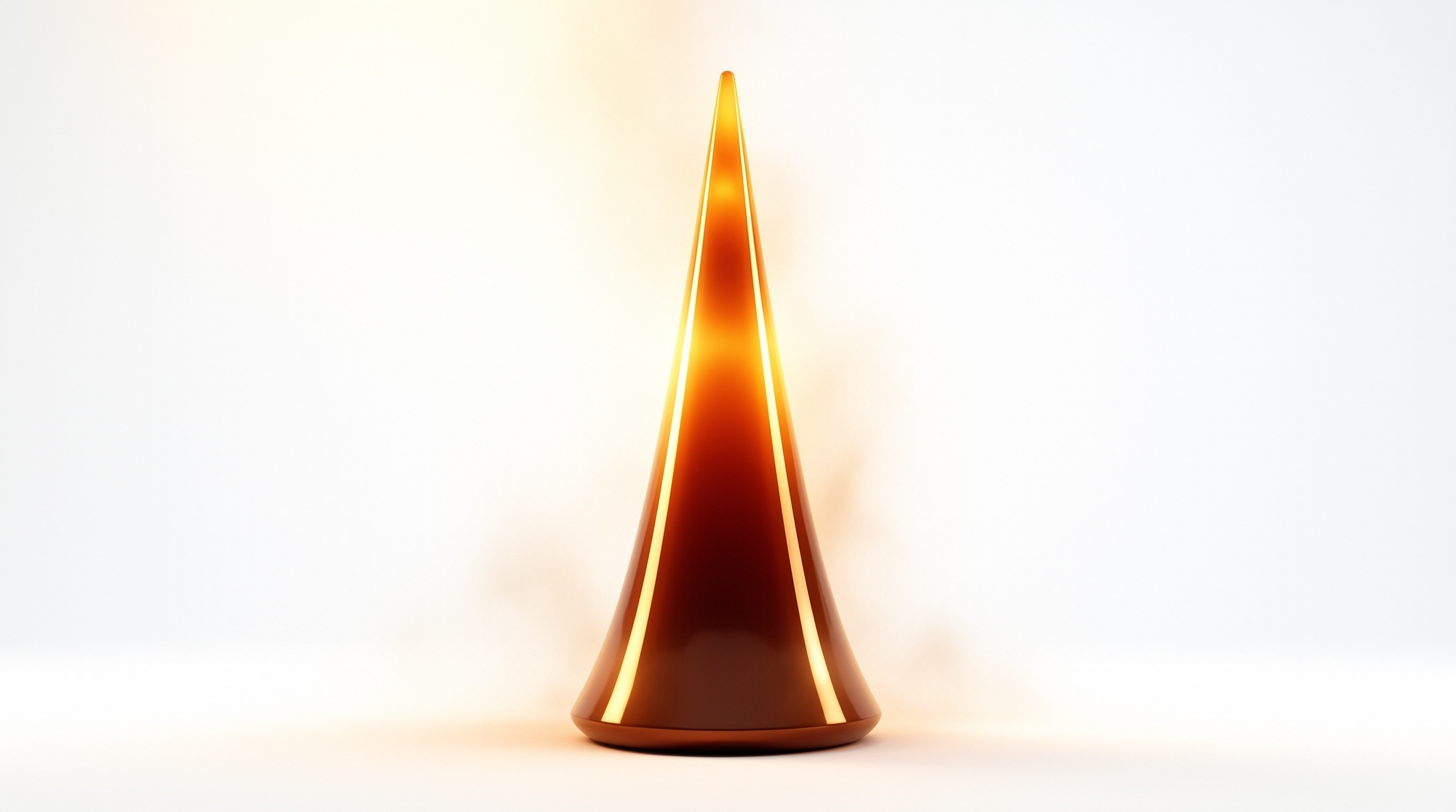 A slender copper cone with a glowing edge stands centered on a bright surface wrapped in faint smoke.