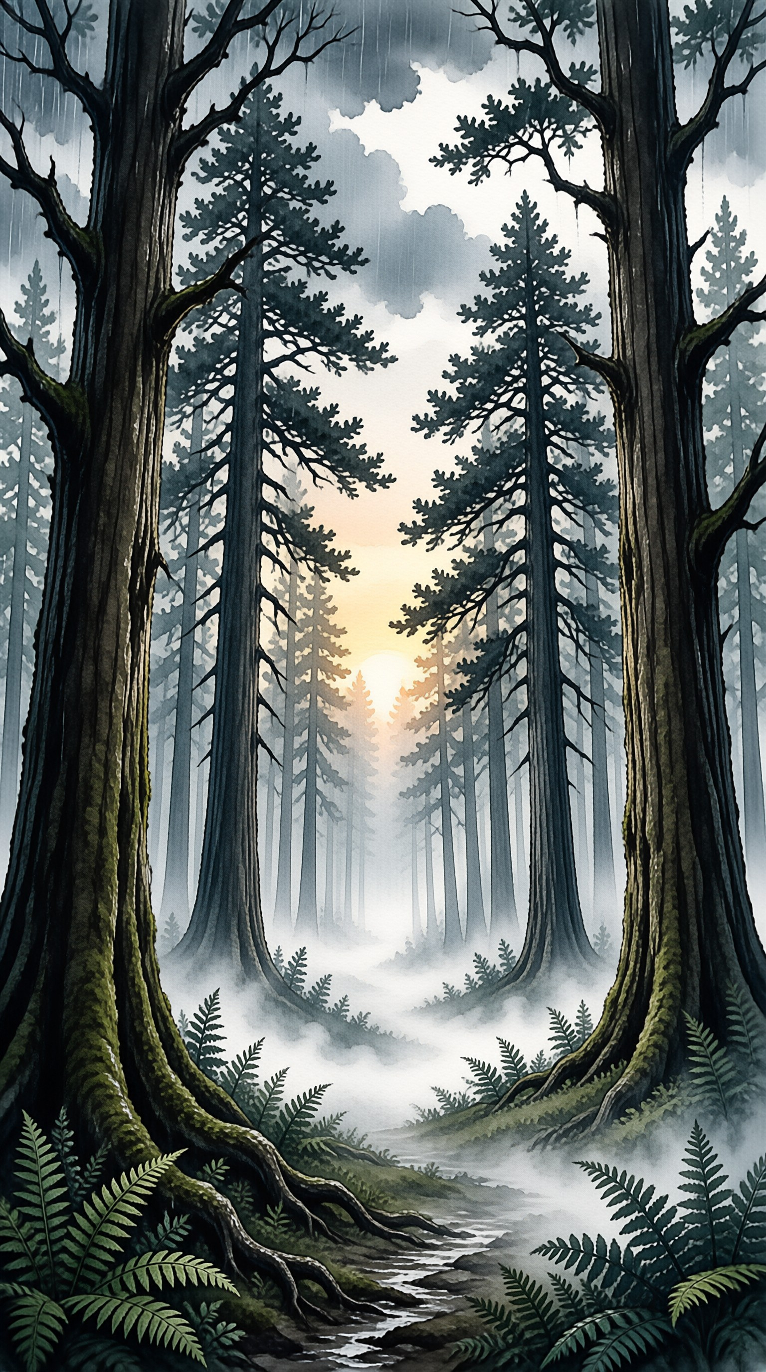 Tall coniferous trees line a foggy path while sunlight breaks through the canopy in the distance.