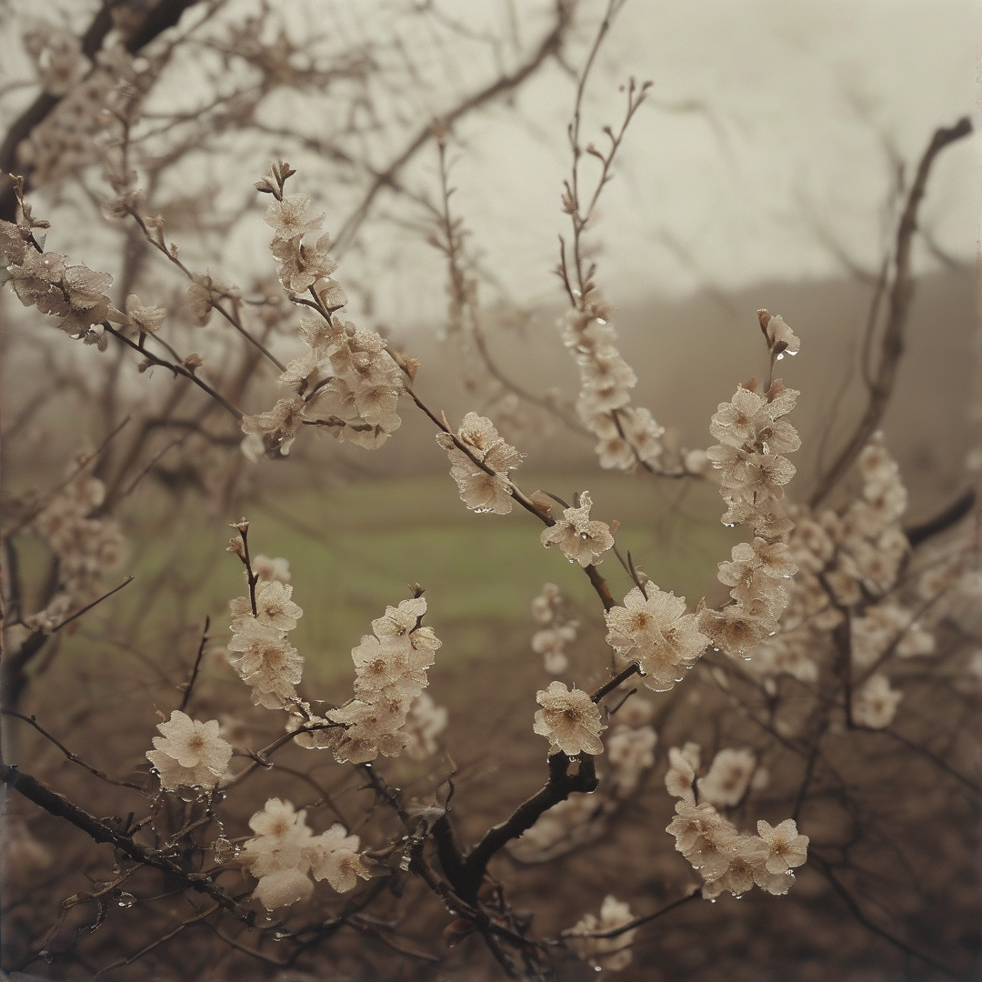 White icy flowers attached to dark branches against a blurry gray background with soft lighting.