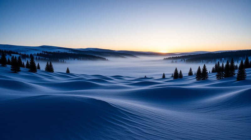 Rolling drifts of wind sculpted snow ripple toward a low sun rising over misty pine covered hills.
