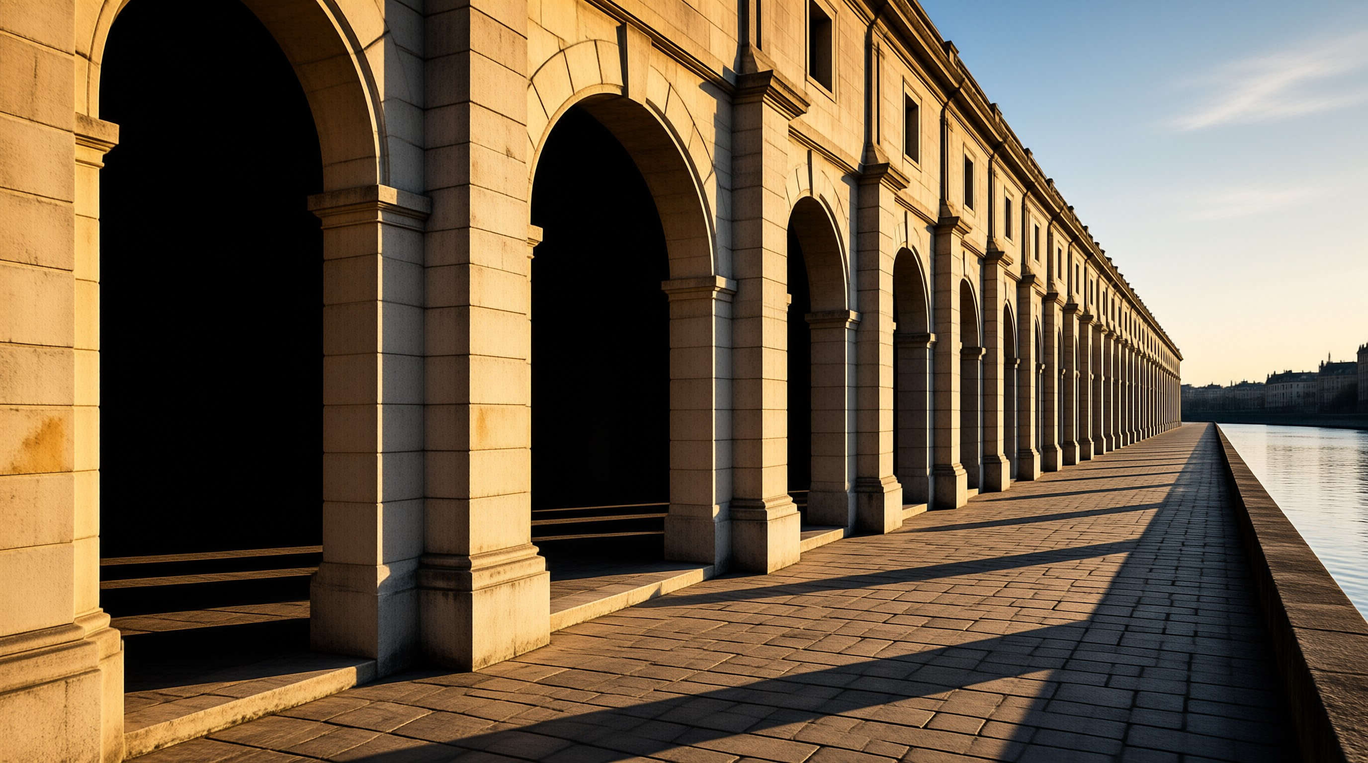A long series of stone arches lines a paved walkway next to a calm river under warm sunlight.
