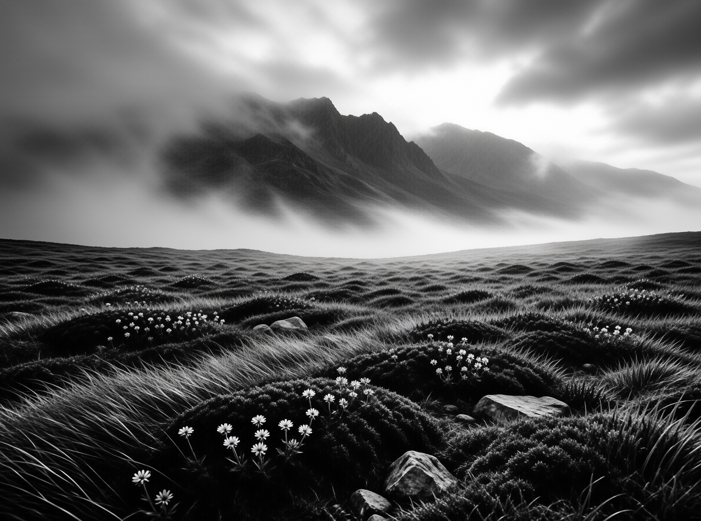 Black and white view of a cloud-shrouded jagged mountain towering over rolling tussock grass dotted with white wildflowers.