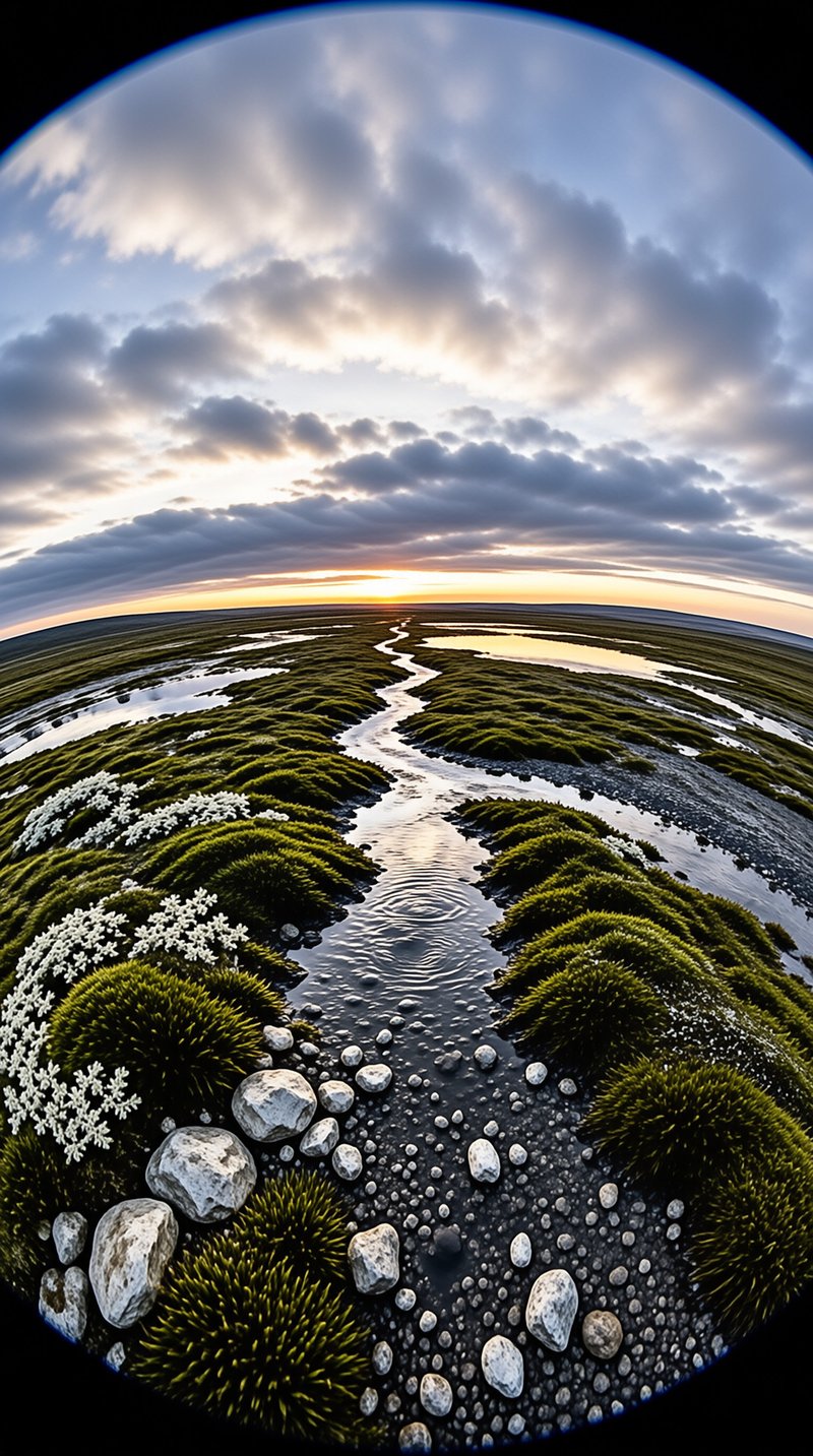 A distorted view shows a river winding between green mossy ridges under a cloudy sky with golden horizon light.