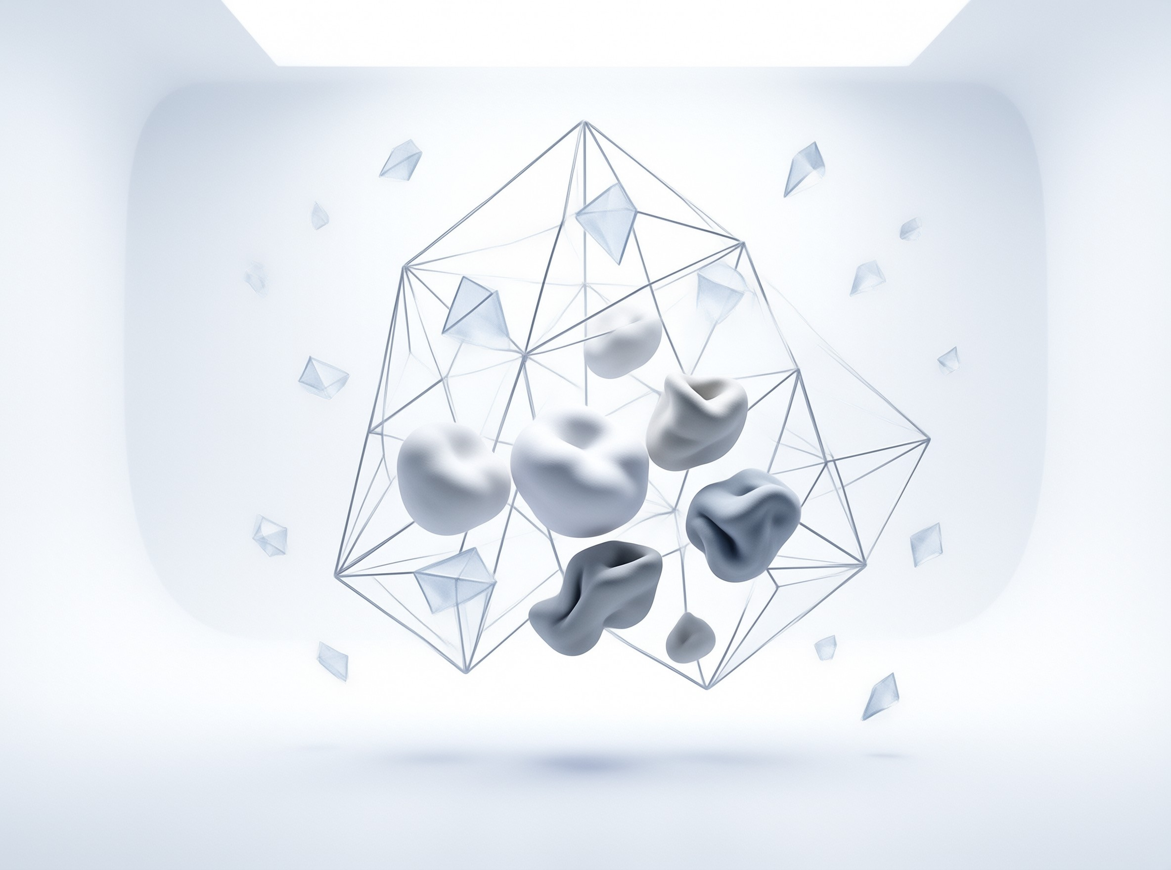 A transparent wireframe polyhedron structure floats centrally within a bright white void, enclosing several smooth grey organic forms that resemble irregular rocks or teeth, while small crystalline shards drift around the geometric cage under soft overhead lighting that casts gentle shadows across the minimalist scene.