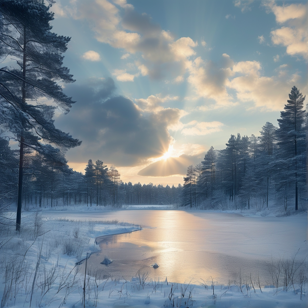 Sunlight on Frozen Winter Lake