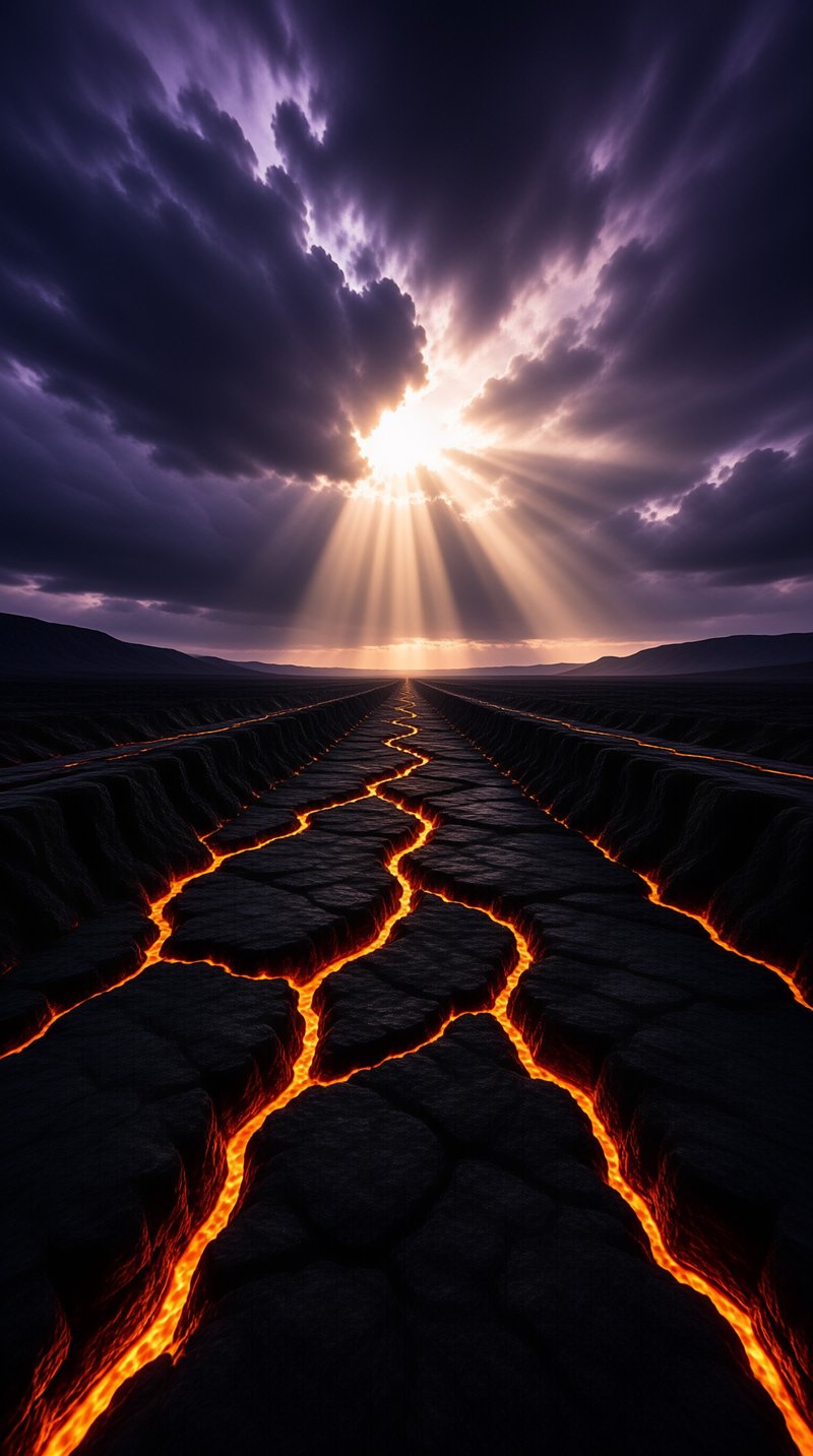 Dark jagged rocks split by bright orange magma channels leading toward a brilliant sunburst breaking through heavy purple clouds.