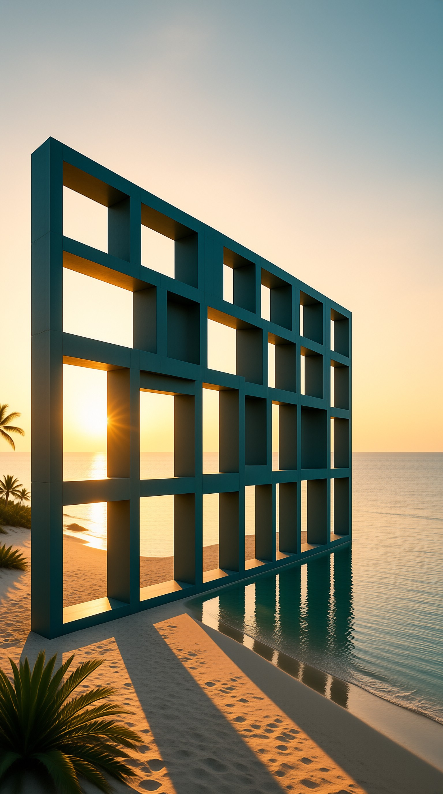 Teal Grid Structure at Sunset