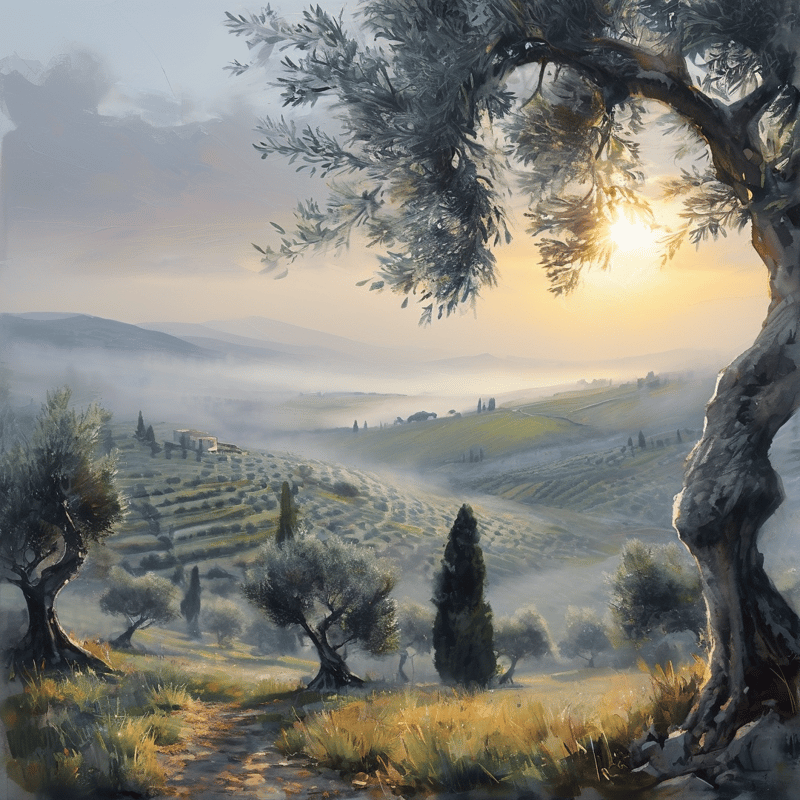 A gnarled tree trunk frames misty rolling hills and scattered cypress trees illuminated by soft golden morning light.