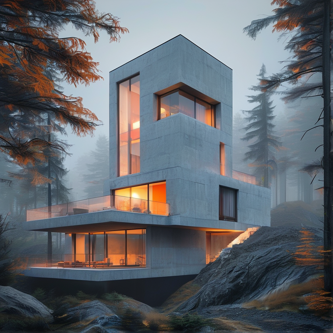 Modern House in Misty Forest