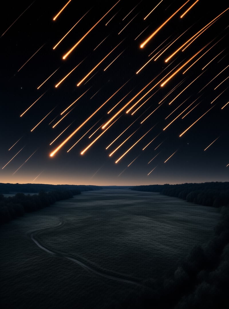 Diagonal orange meteor streaks illuminate the dark sky above a misty valley and distant tree line.