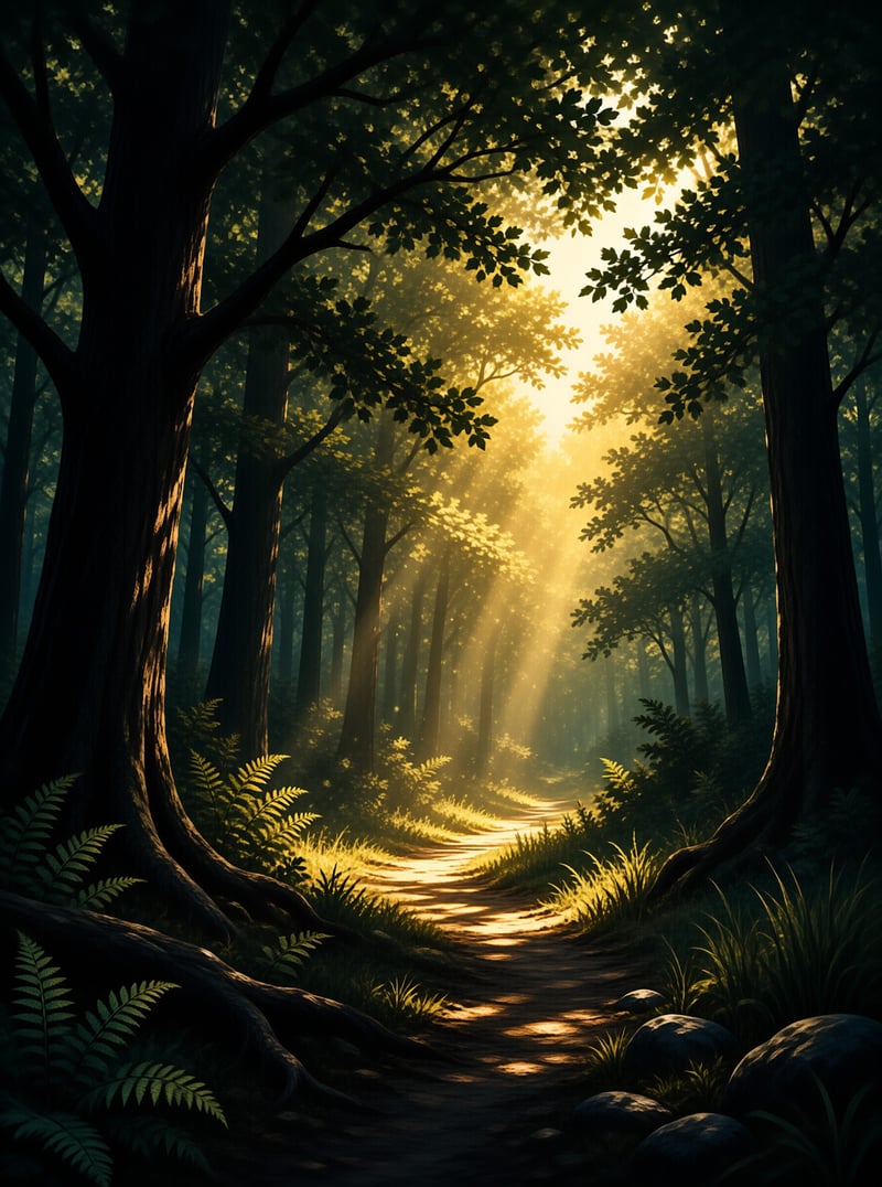 A winding dirt road goes through a dense forest where bright golden rays of sunlight shine through the trees onto the ground.