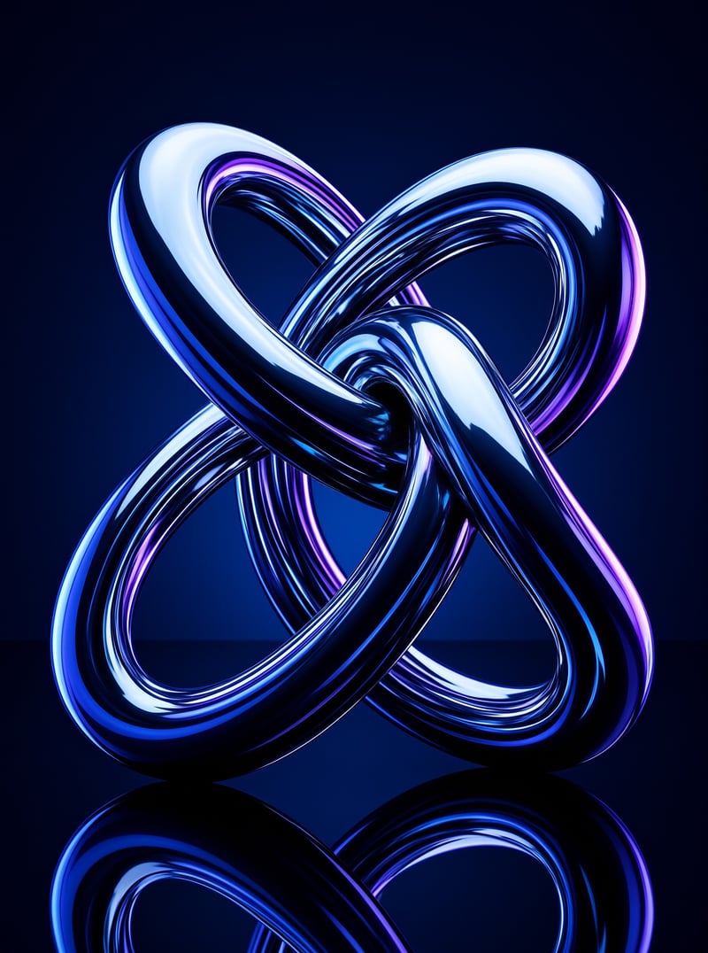A polished looping sculpture reflects deep blue and violet highlights on a dark mirror floor.
