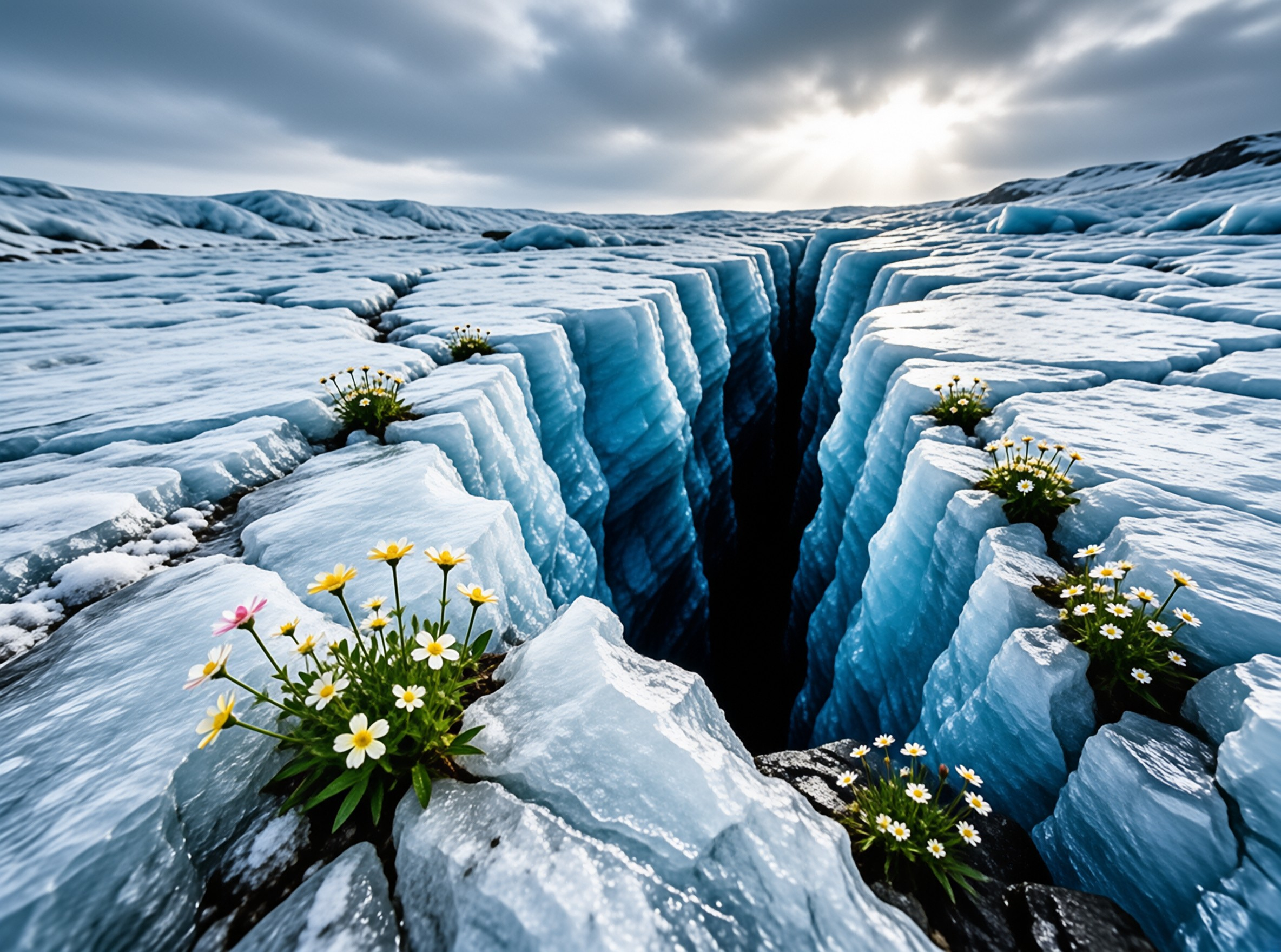 Small white and yellow wildflowers bloom within the cracks of a massive blue glacier crevasse beneath a bright cloudy sky.